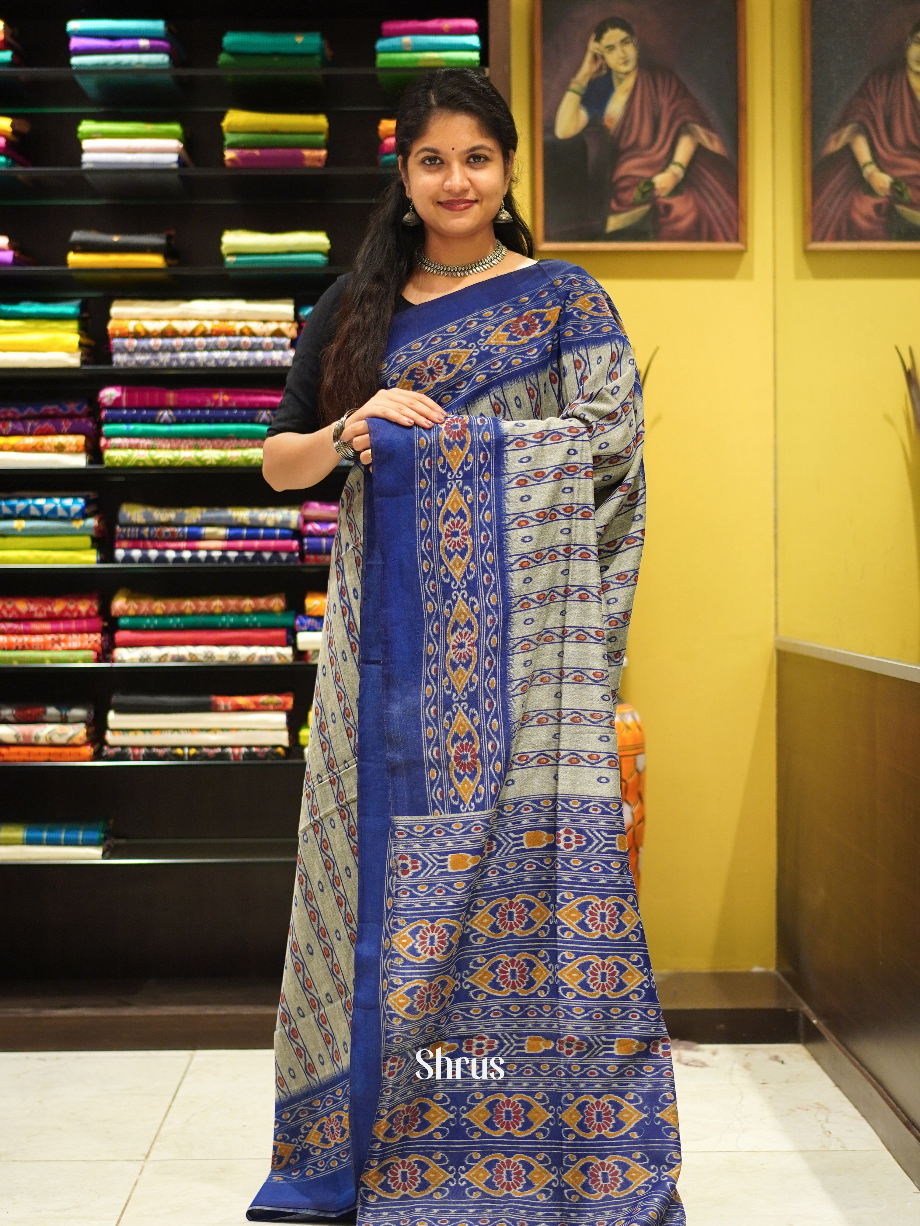 Grey & Blue - Bengal cotton Saree - Shop on ShrusEternity.com