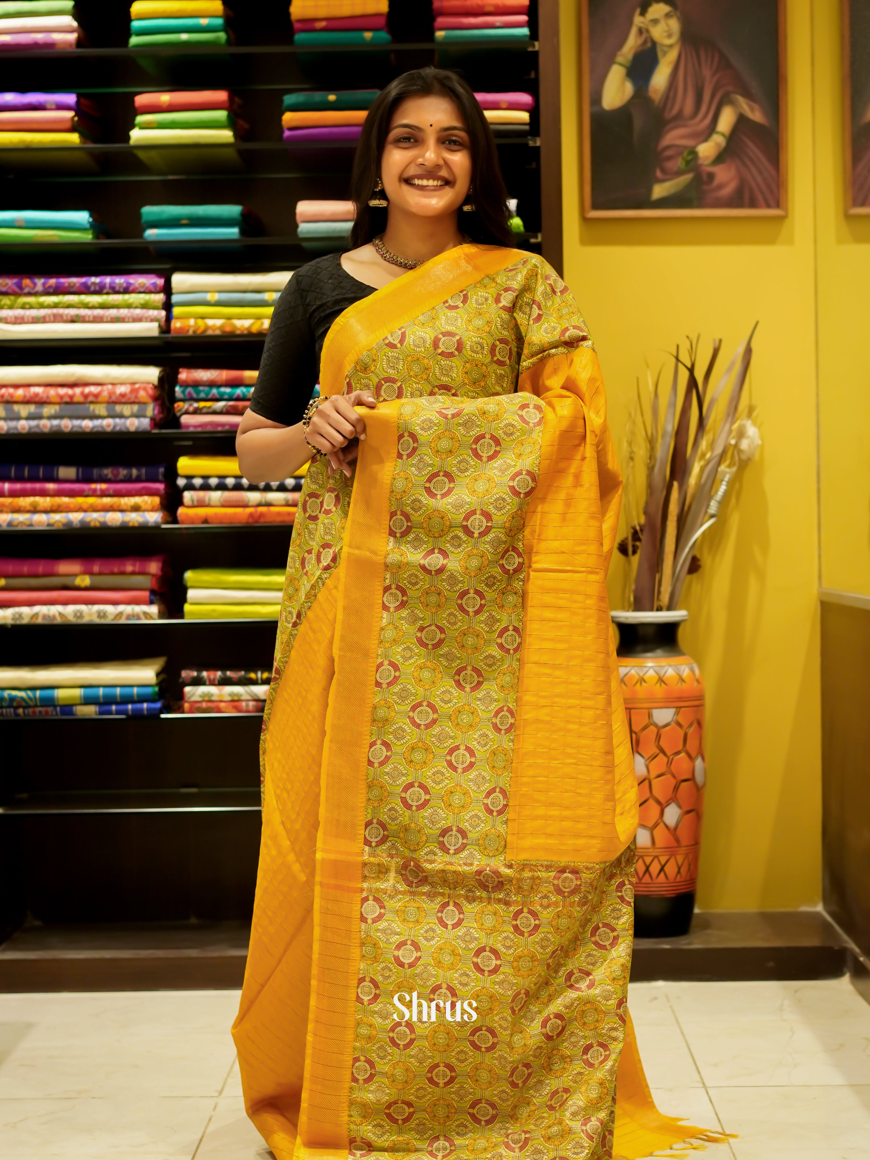 Yellow & Green - Semi Tussar Saree - Shop on ShrusEternity.com