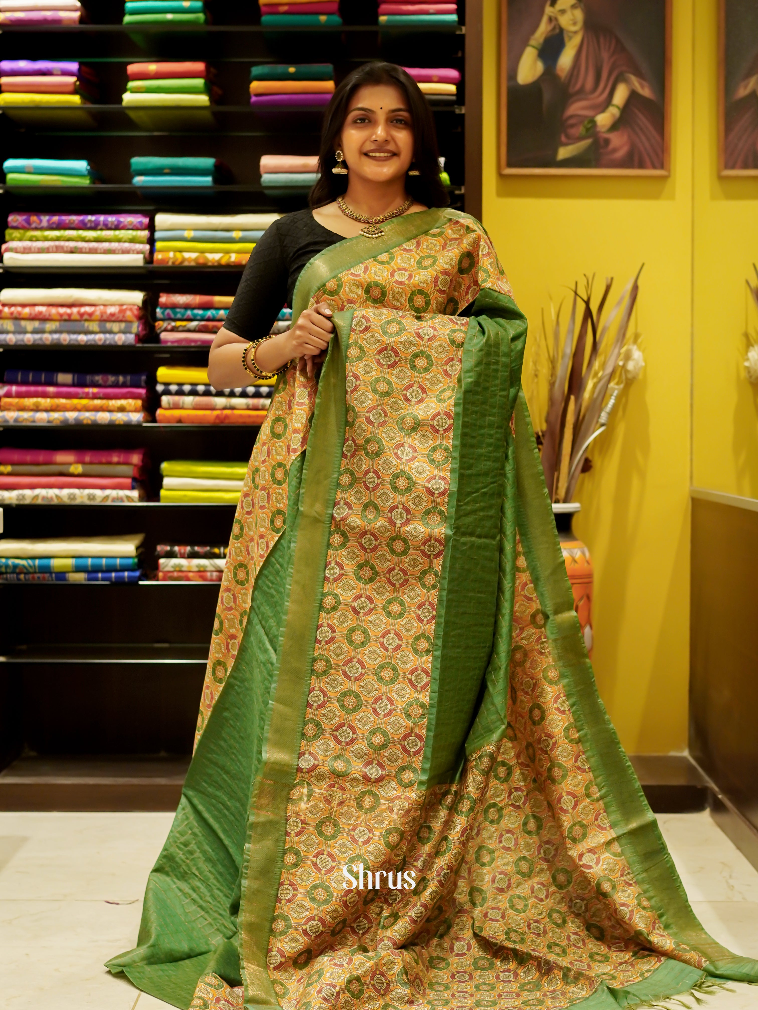 Green & Beige - Semi Tussar Saree - Shop on ShrusEternity.com