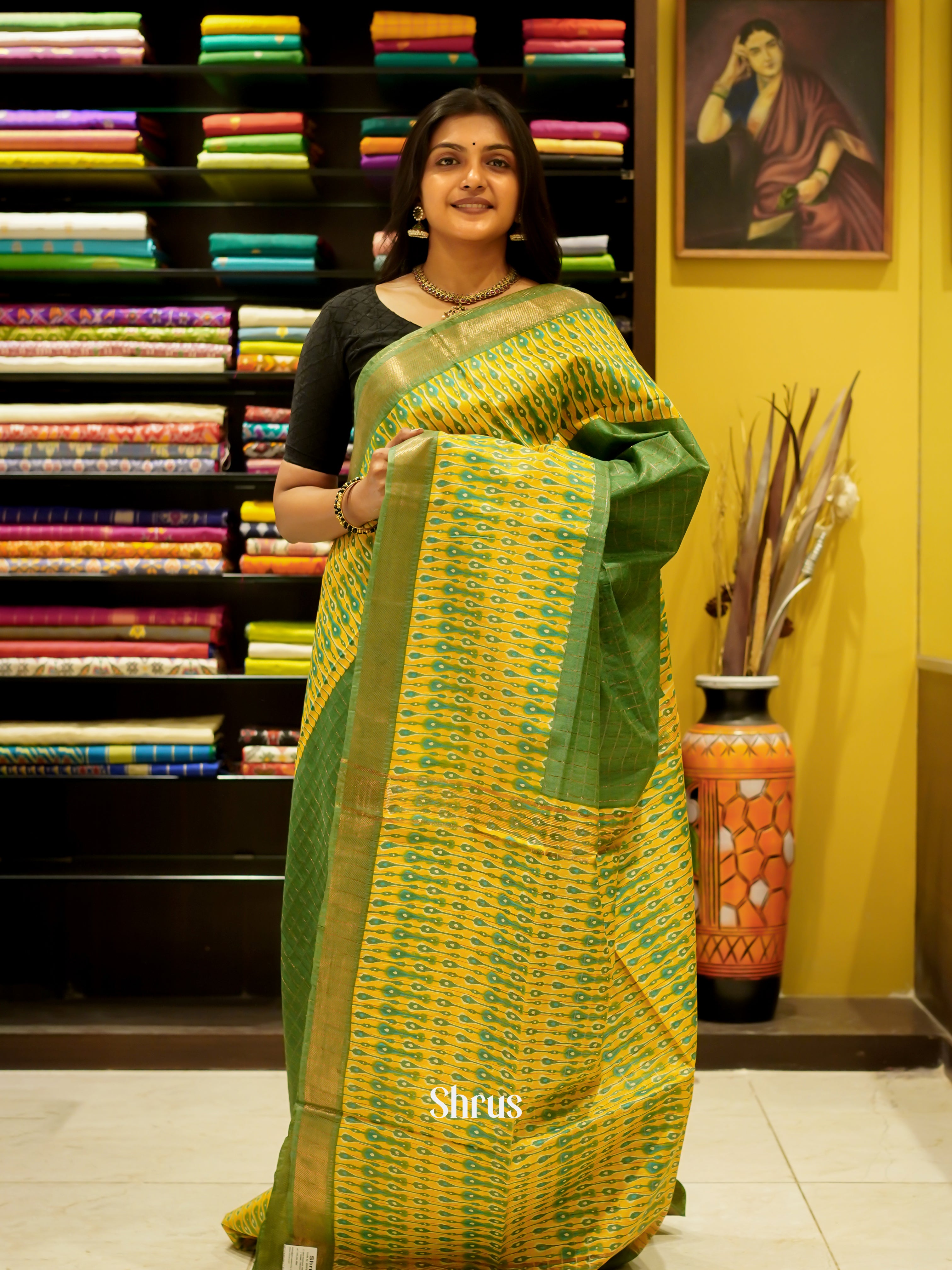 Green & Yellow - Semi Tussar Saree - Shop on ShrusEternity.com