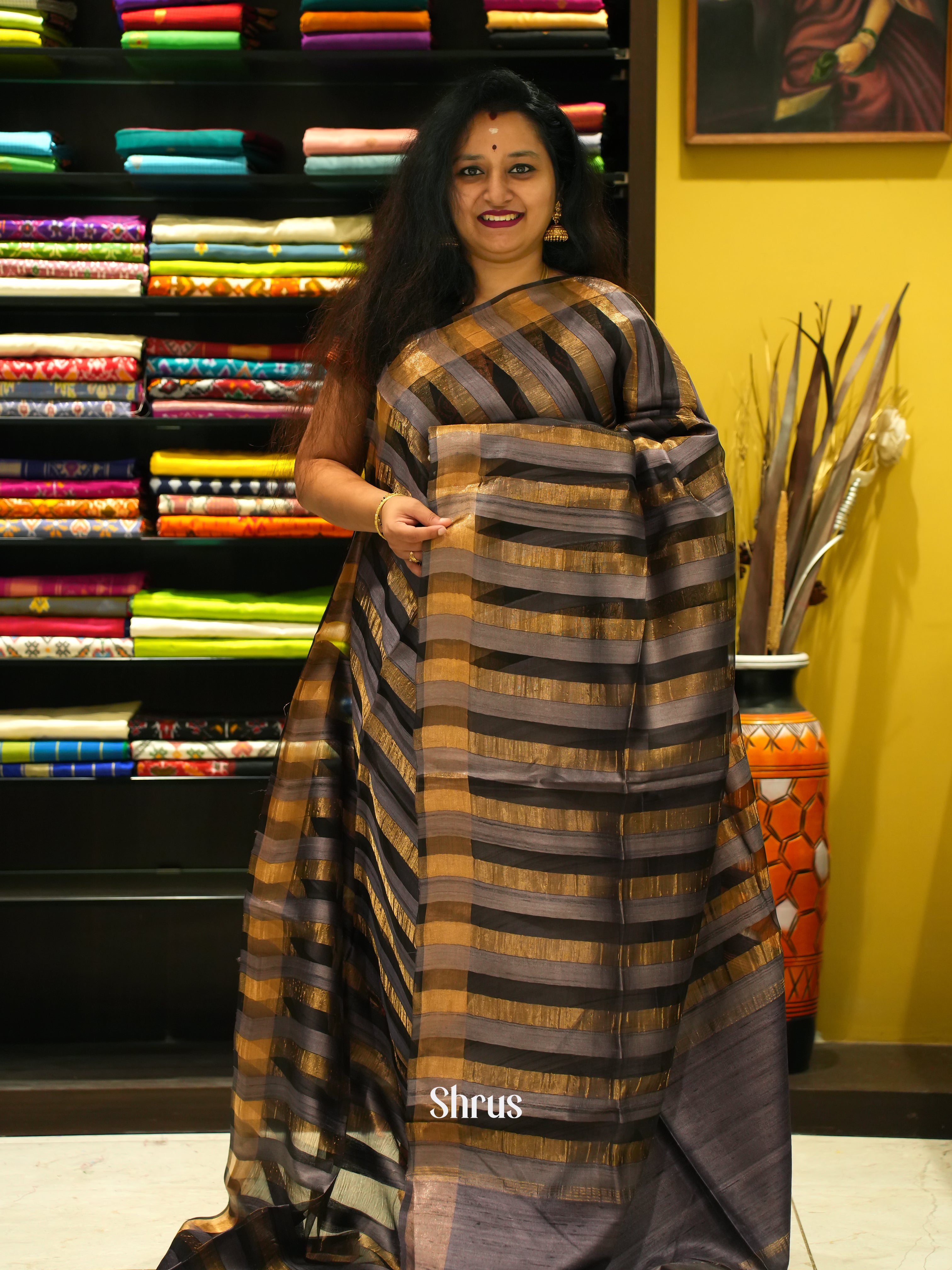 Grey & Black - Tussar Saree - Shop on ShrusEternity.com