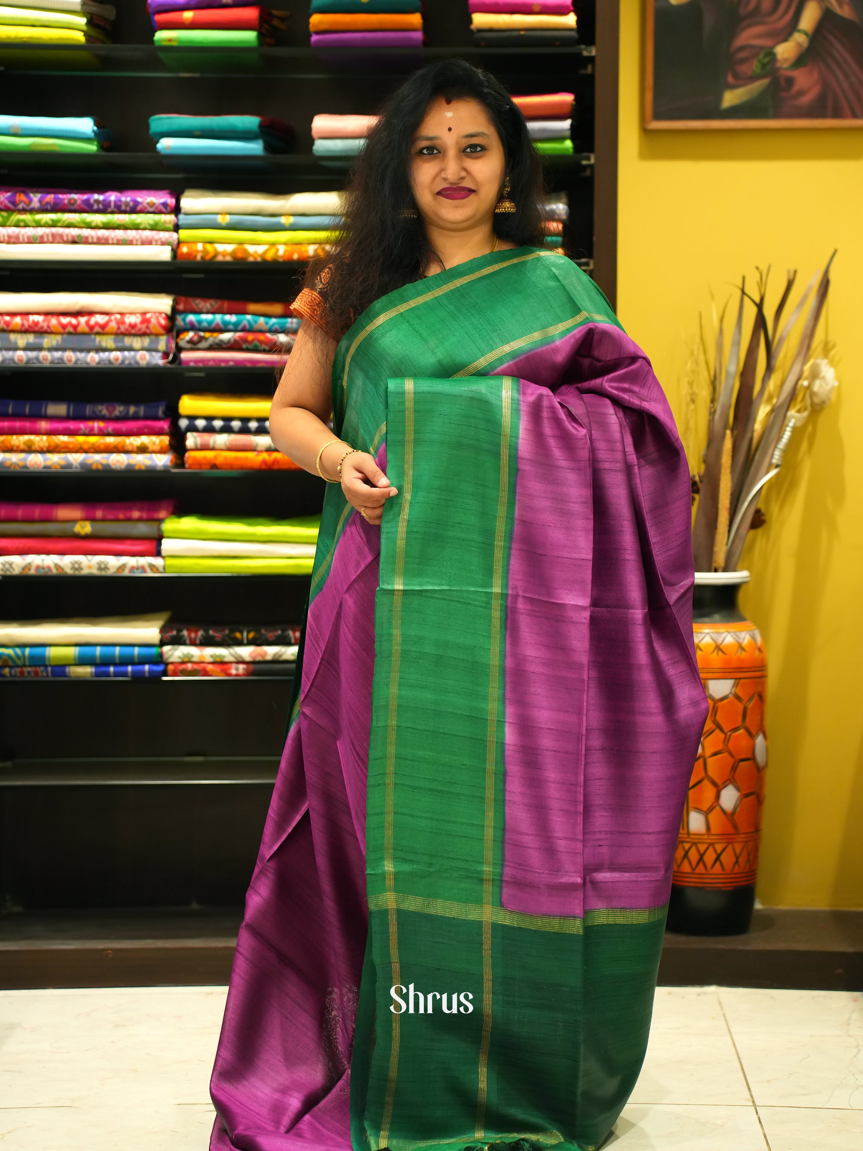 Pink & Green - Tussar Saree - Shop on ShrusEternity.com