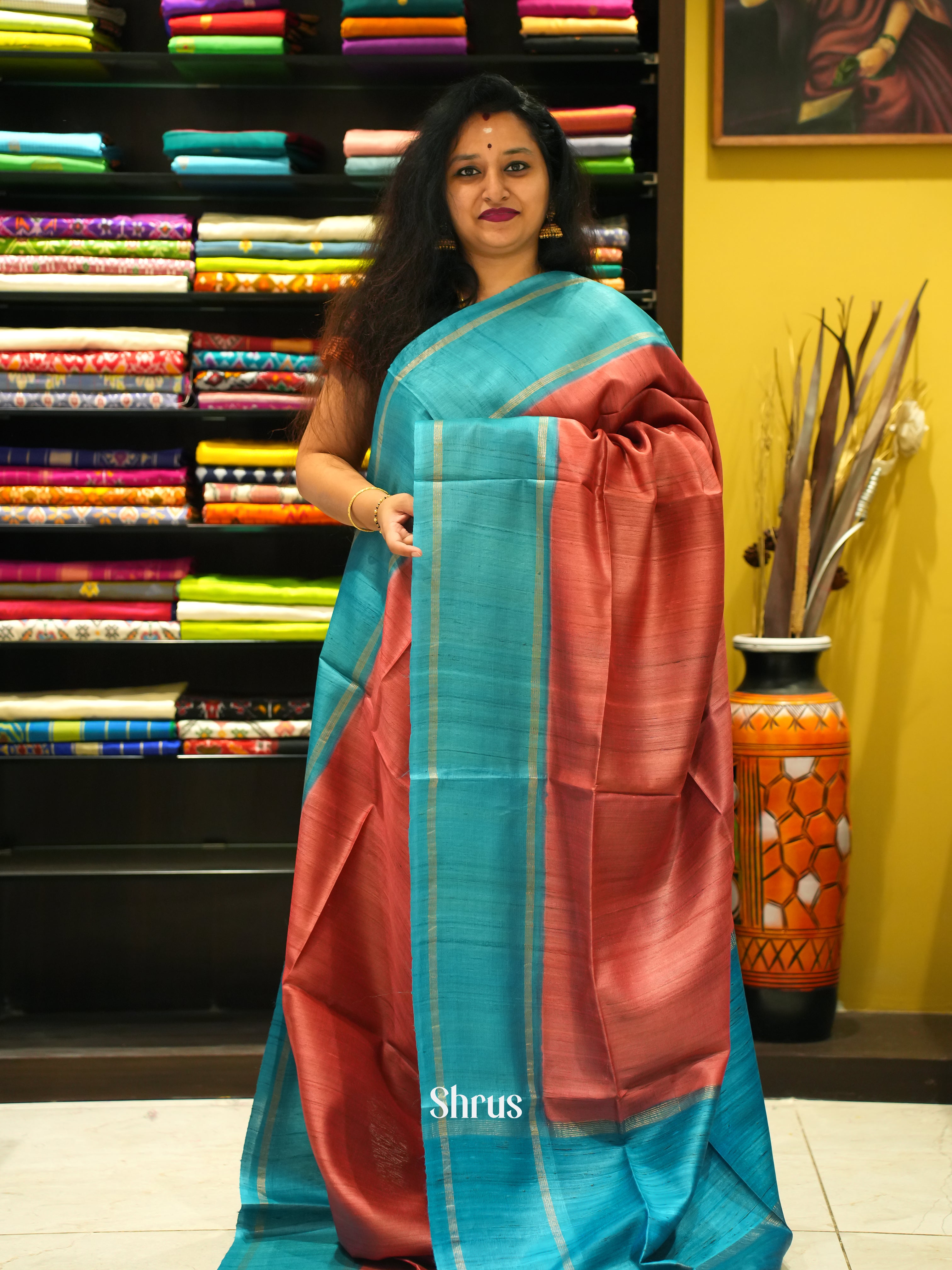 Red & Blue - Tussar Saree - Shop on ShrusEternity.com