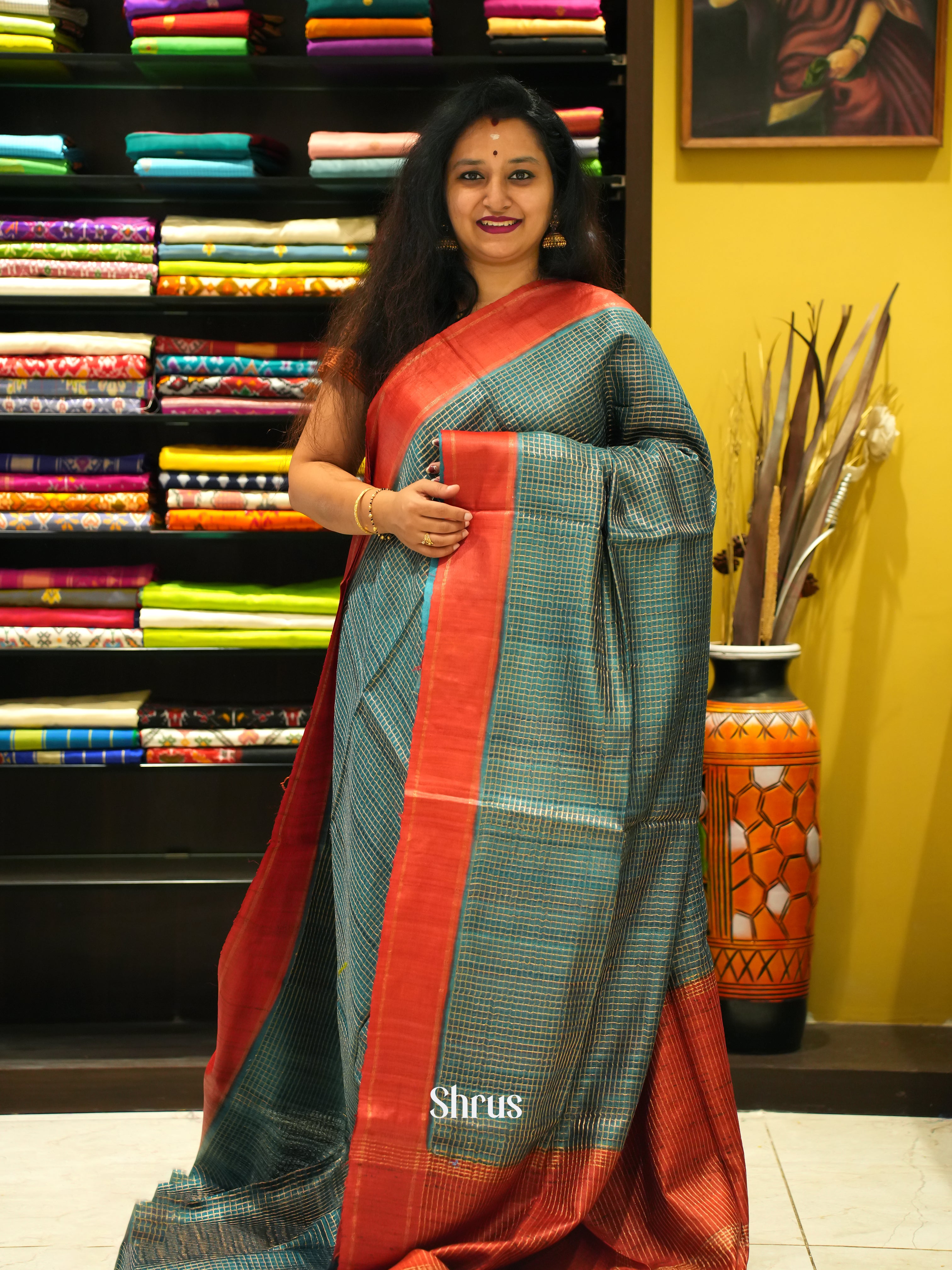 Green & Red - Tussar Saree - Shop on ShrusEternity.com