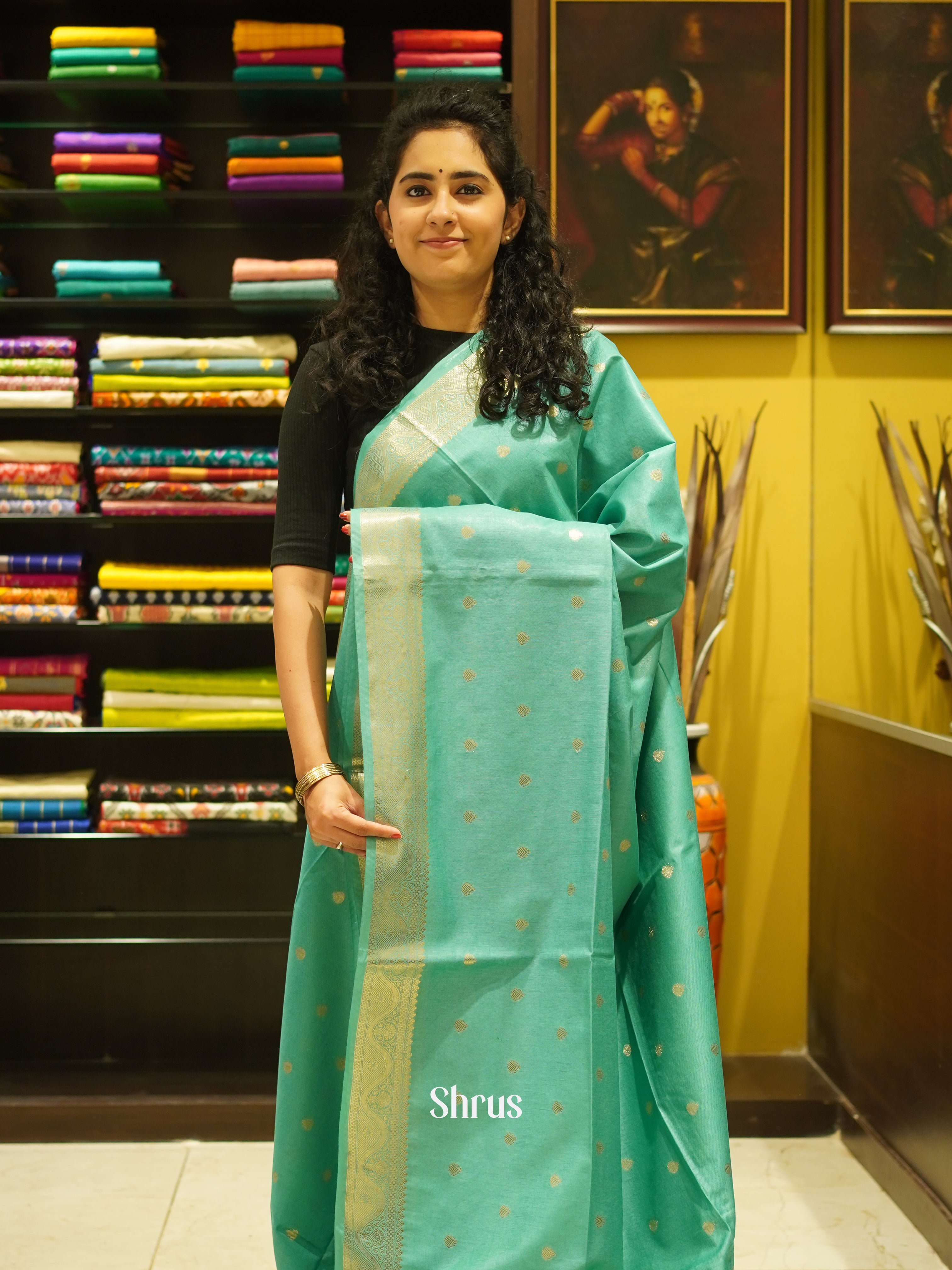 Teal Green(Single Tone)- Semi Silk Cotton Saree - Shop on ShrusEternity.com