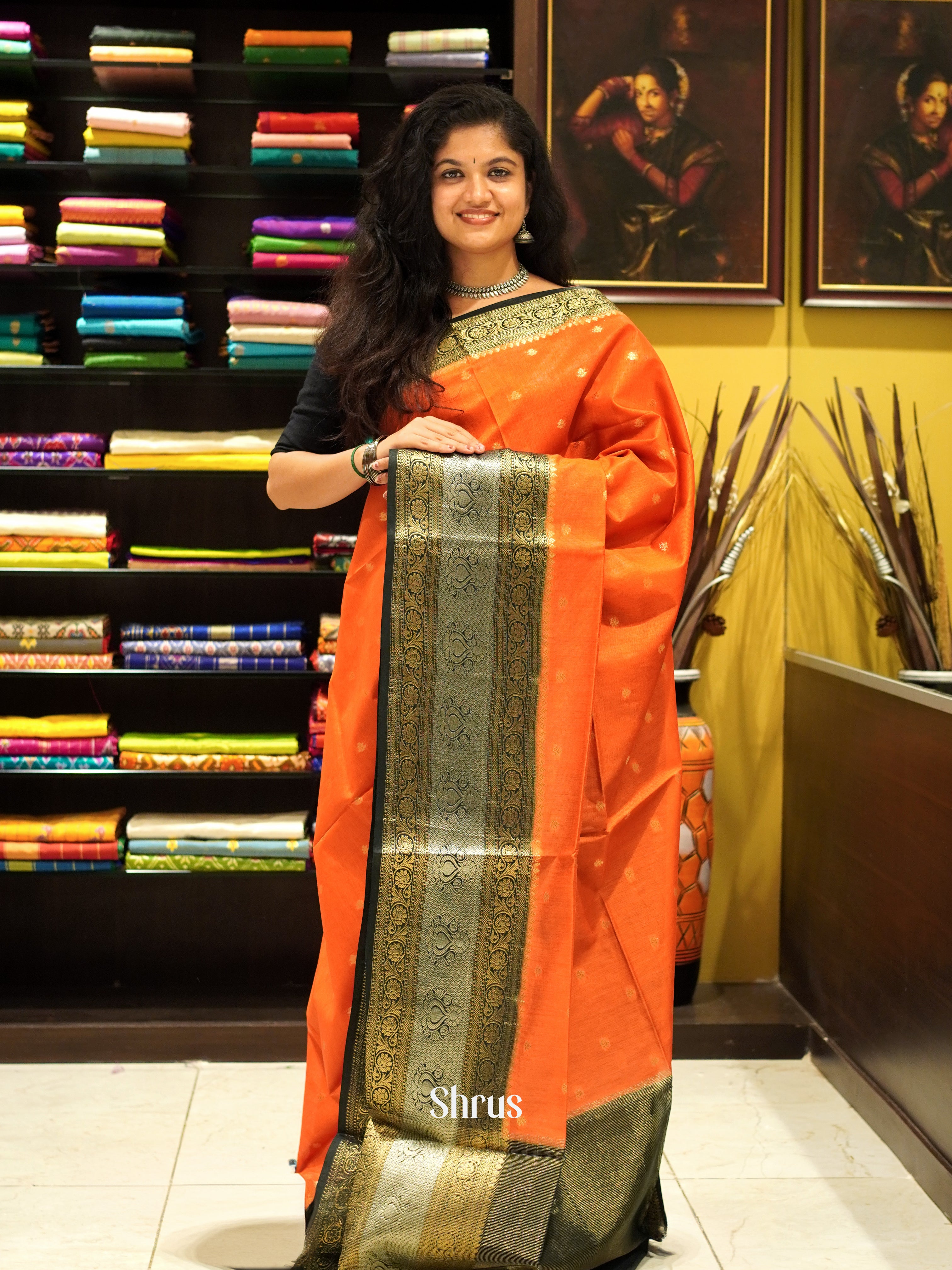 Orange & Black  - North silkcotton Saree