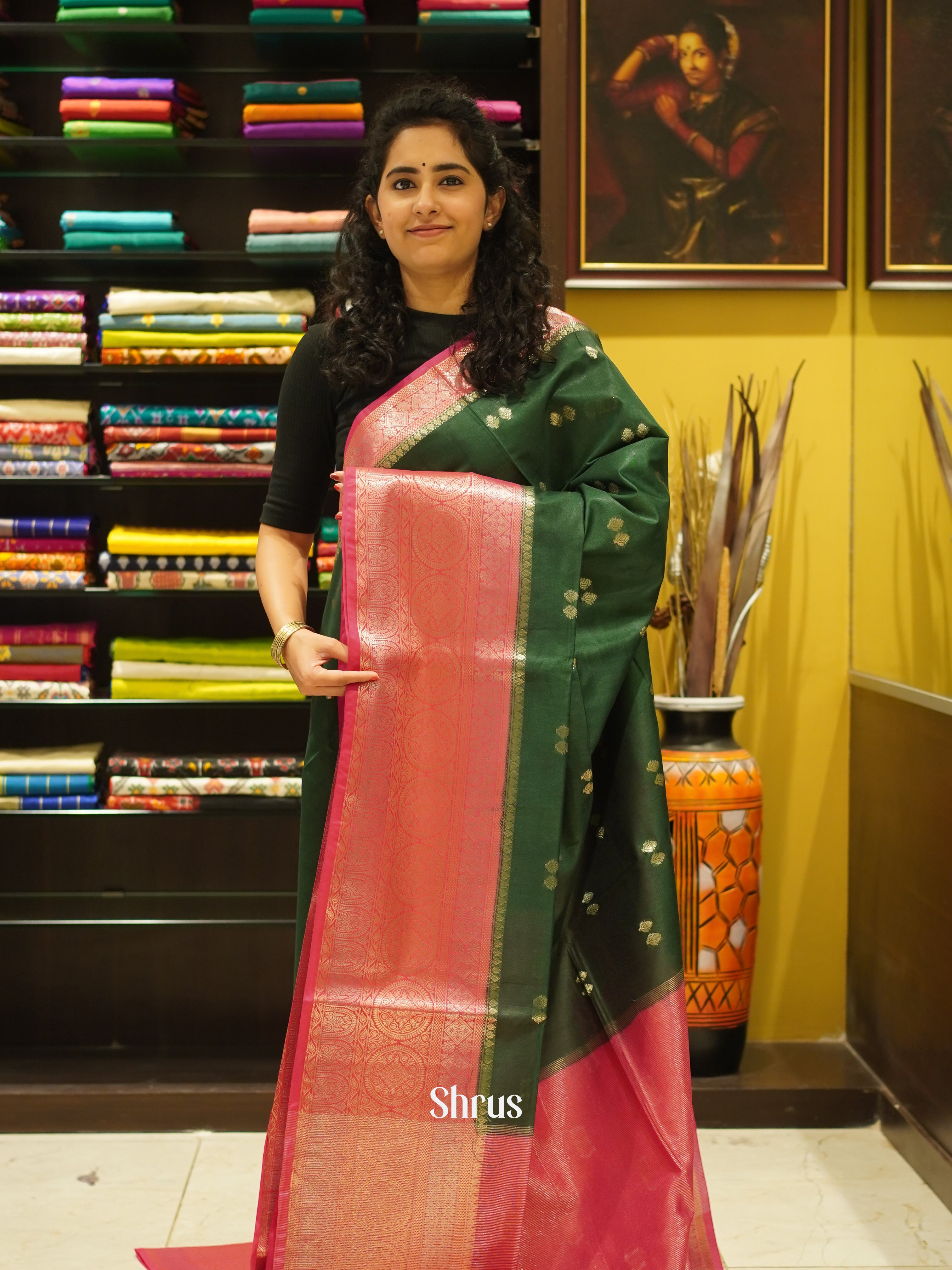 Green & Pink - Semi Silk Cotton Saree - Shop on ShrusEternity.com