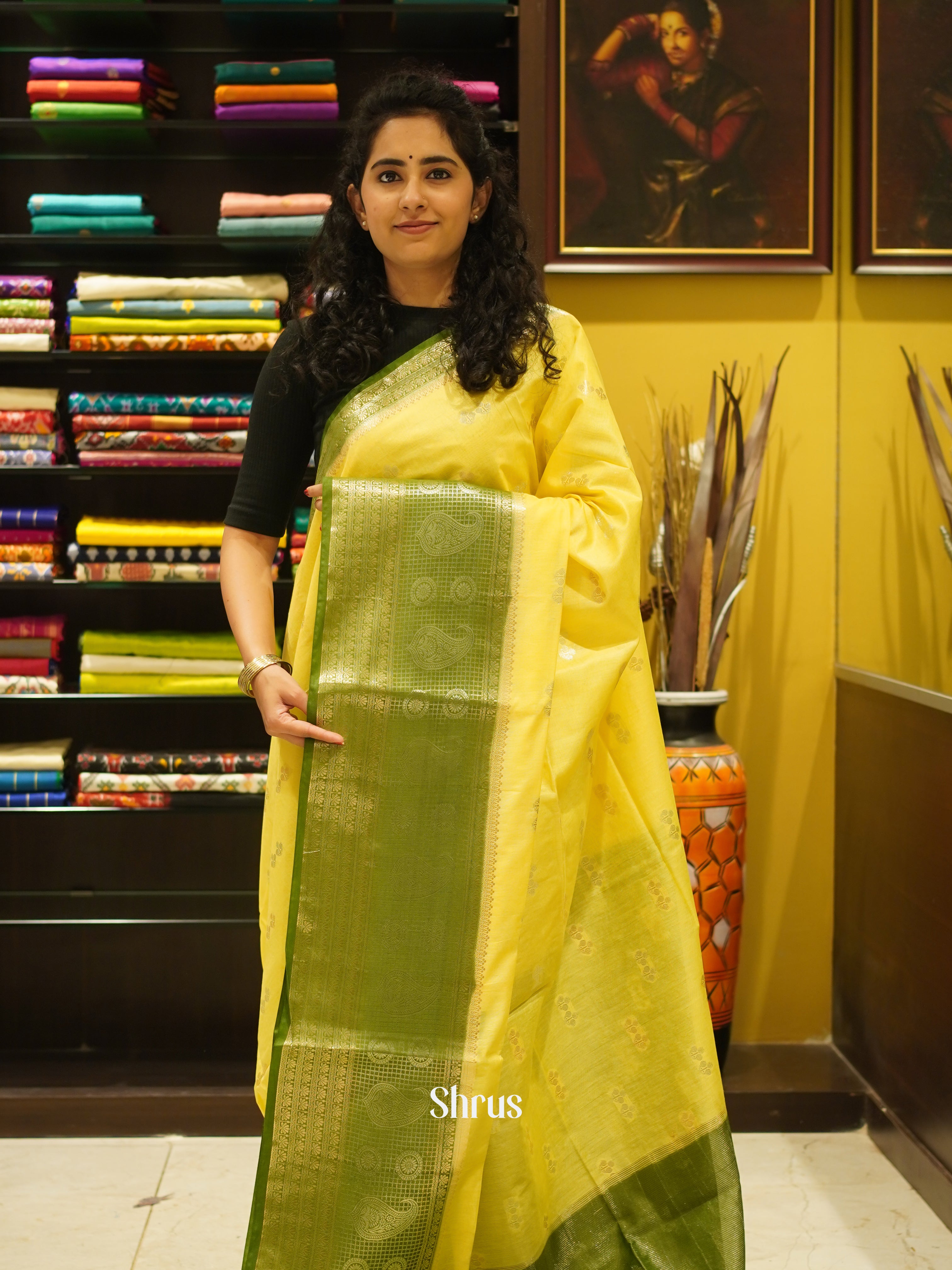 Lime Yellow & Green - Semi Silk Cotton Saree - Shop on ShrusEternity.com