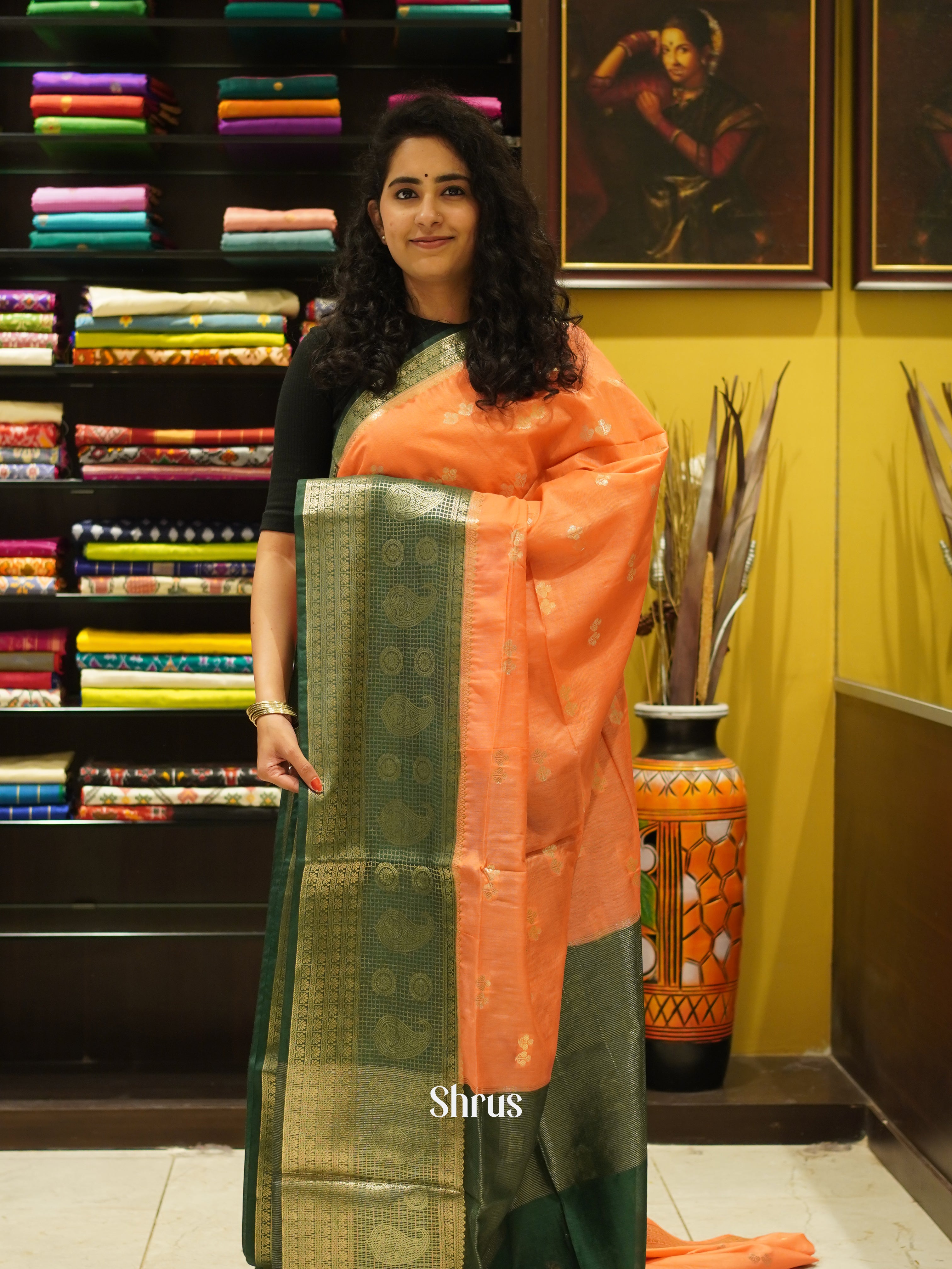 Peachish Orange & Green - Semi Silk Cotton Saree - Shop on ShrusEternity.com