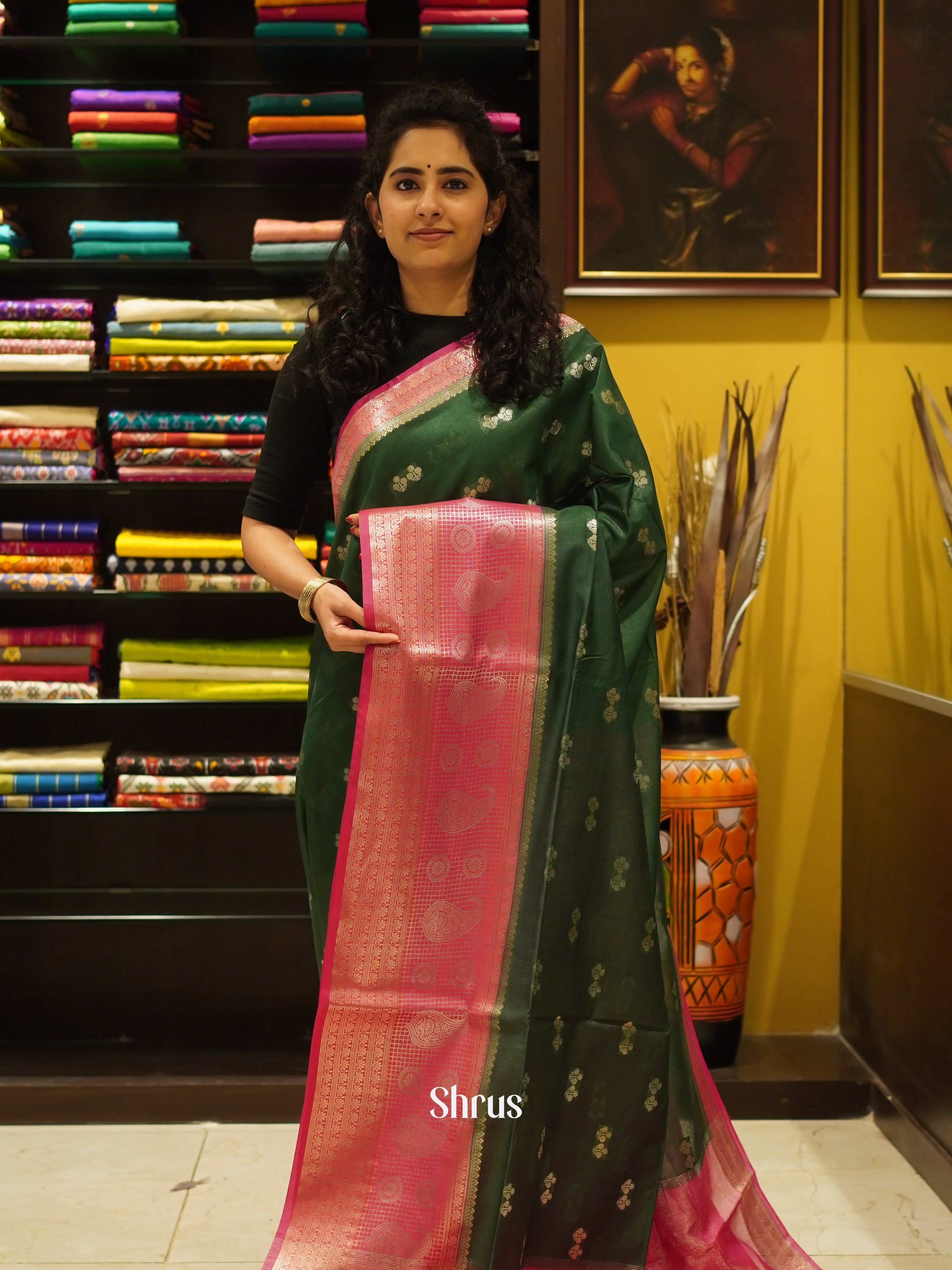 Green & Pink - Semi Silk Cotton Saree - Shop on ShrusEternity.com