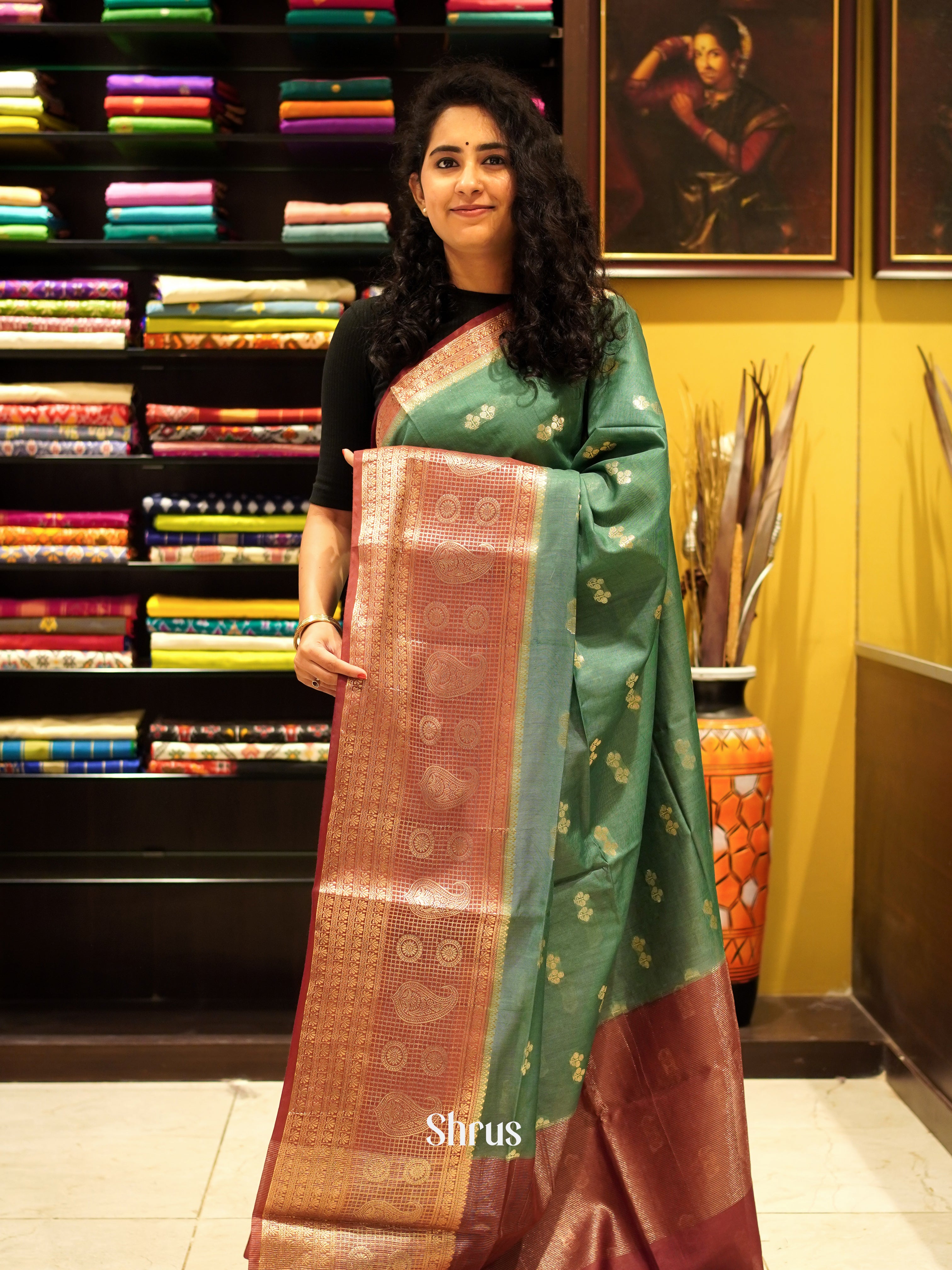 Green & Brown- Semi Silk Cotton saree - Shop on ShrusEternity.com