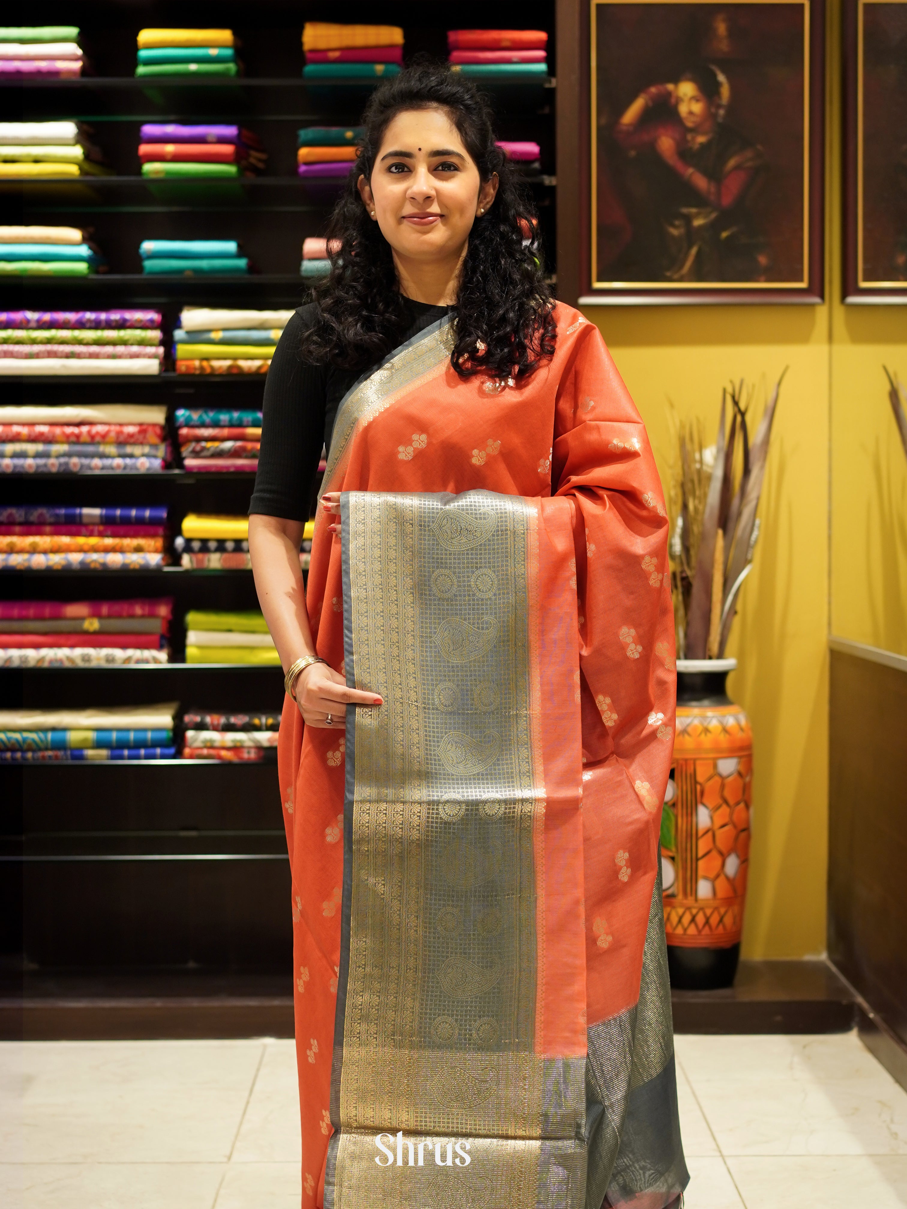 Red & Grey - Semi Silk Cotton Saree - Shop on ShrusEternity.com