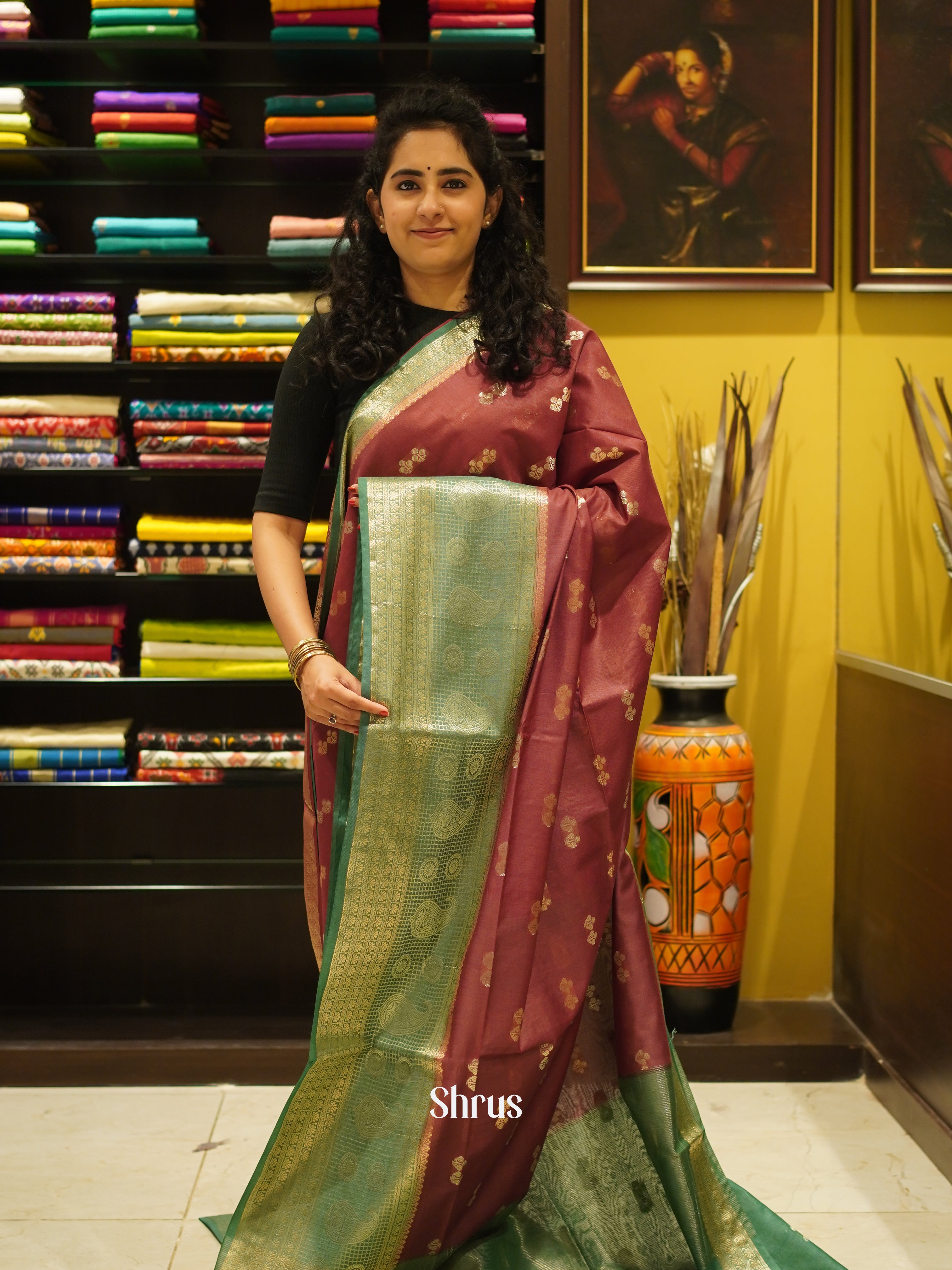 Brown & Green - Semi Silk Cotton saree - Shop on ShrusEternity.com