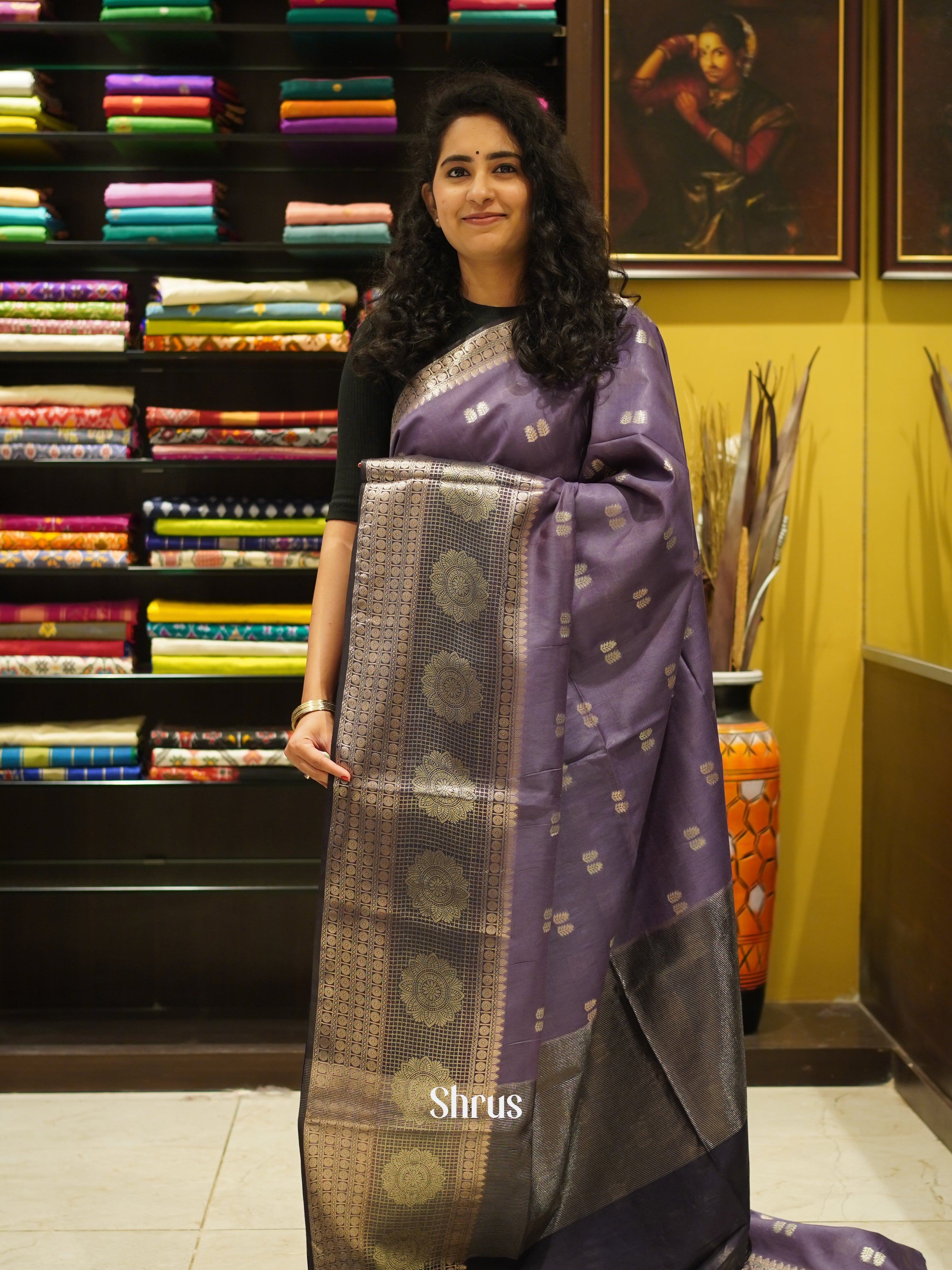 Purple & Grey - Semi Silk Cotton Saree - Shop on ShrusEternity.com