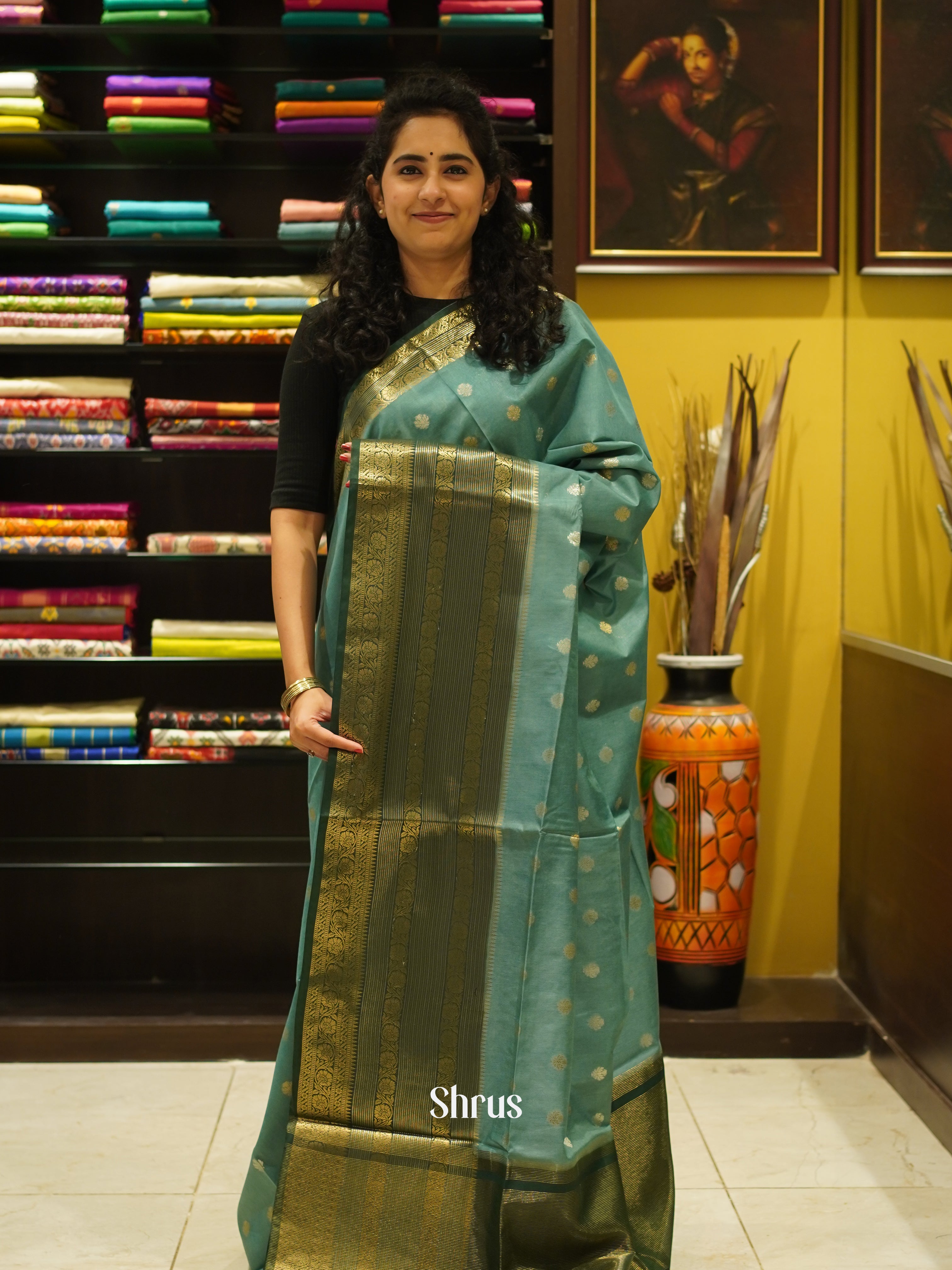 Grey Green & Green - Semi Silk Cotton Saree - Shop on ShrusEternity.com