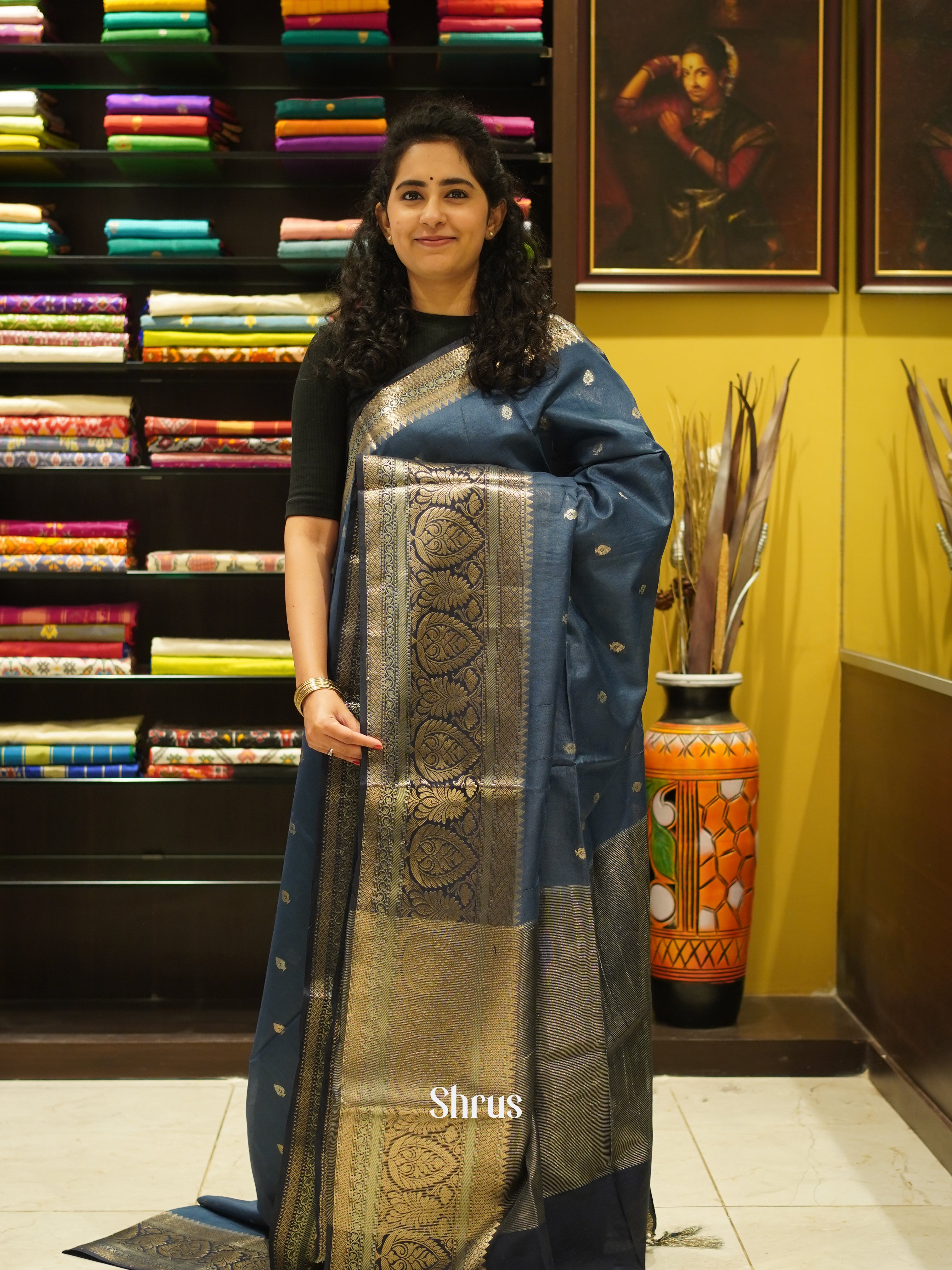 Grey & Black - Semi Silk Cotton saree - Shop on ShrusEternity.com