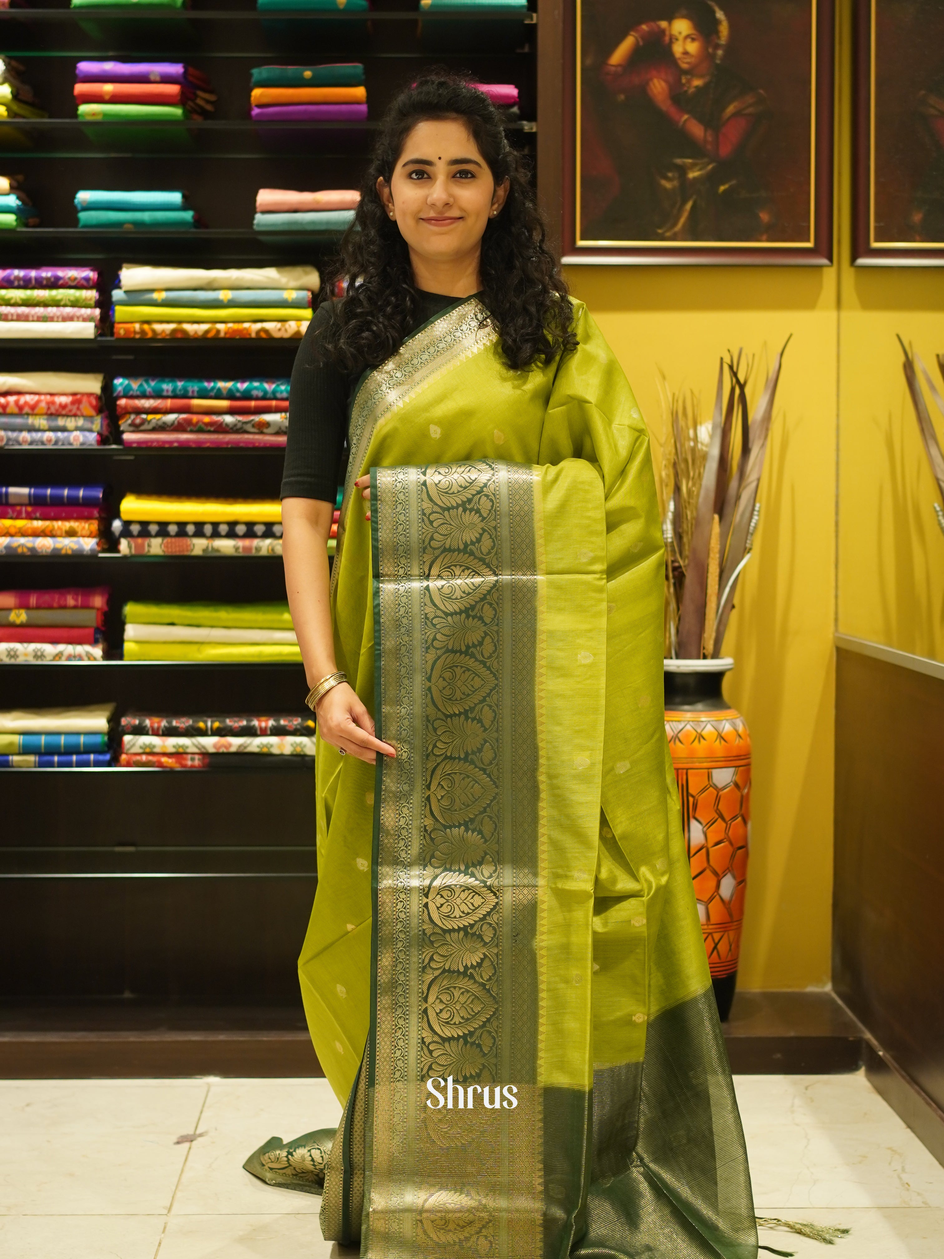 Lime Green & Green - Semi Silk Cotton Saree - Shop on ShrusEternity.com