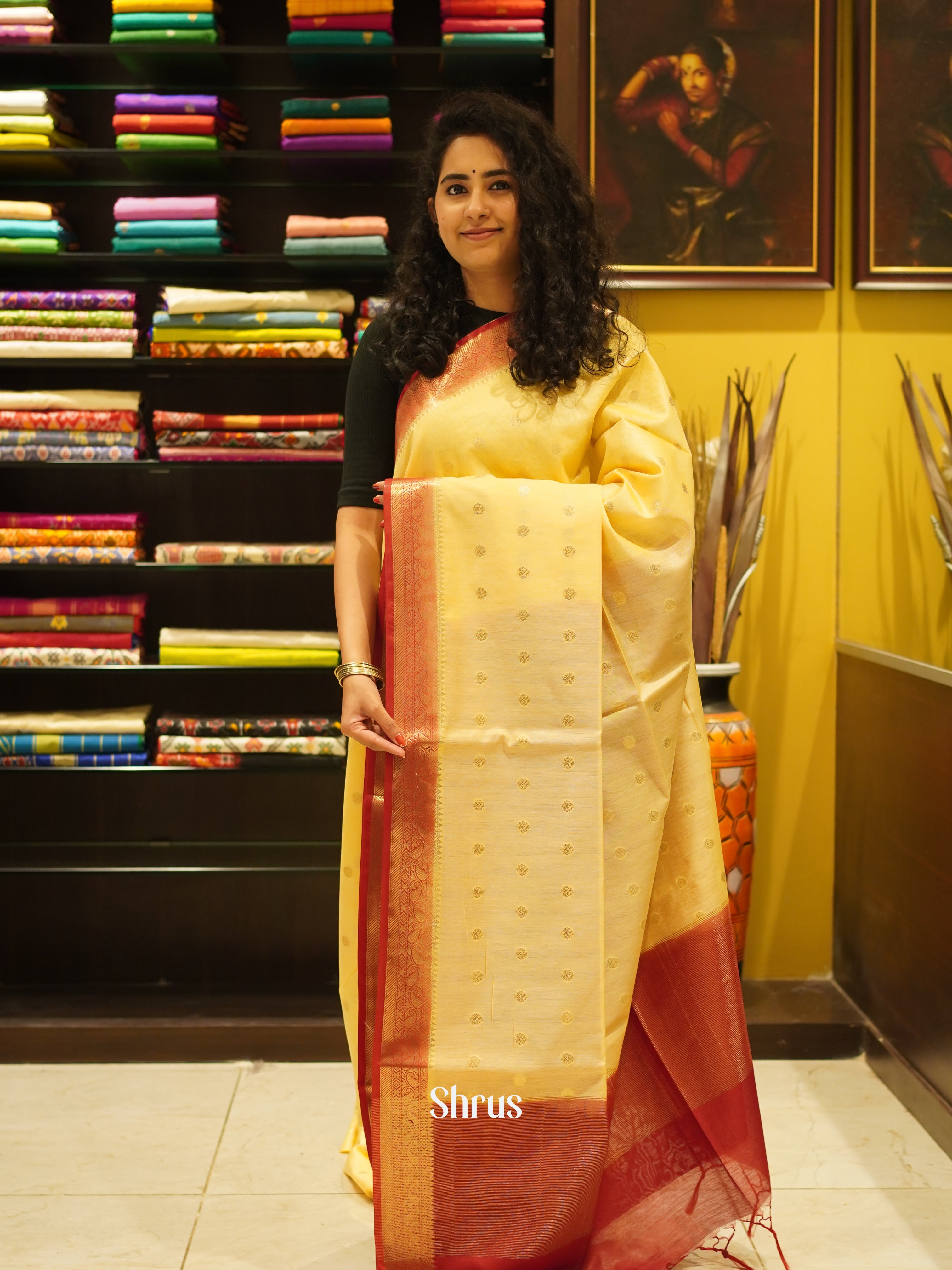 Sandal & Red - Semi Silk Cotton Saree - Shop on ShrusEternity.com