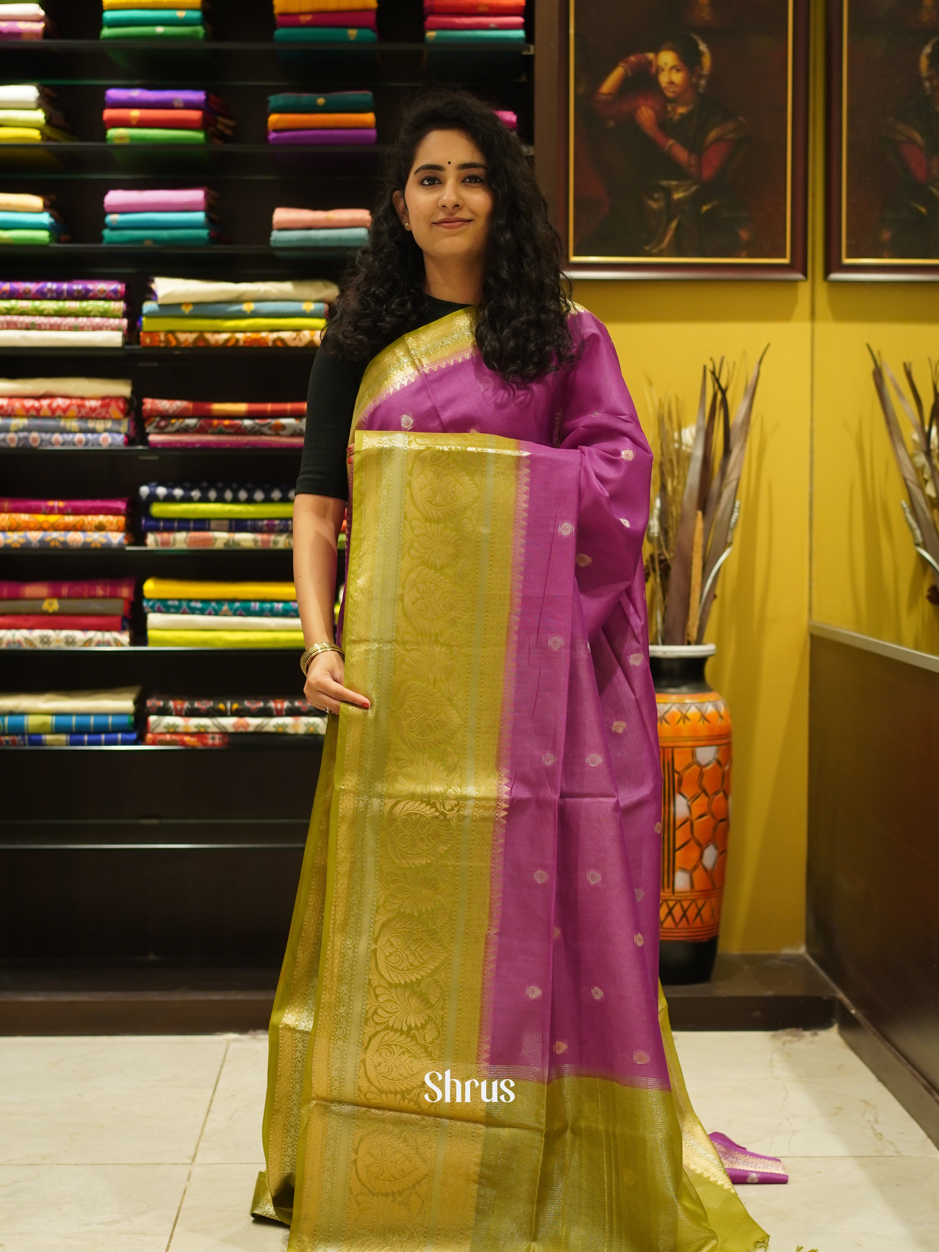 Majenta Pink & Green - Semi Silk Cotton saree - Shop on ShrusEternity.com