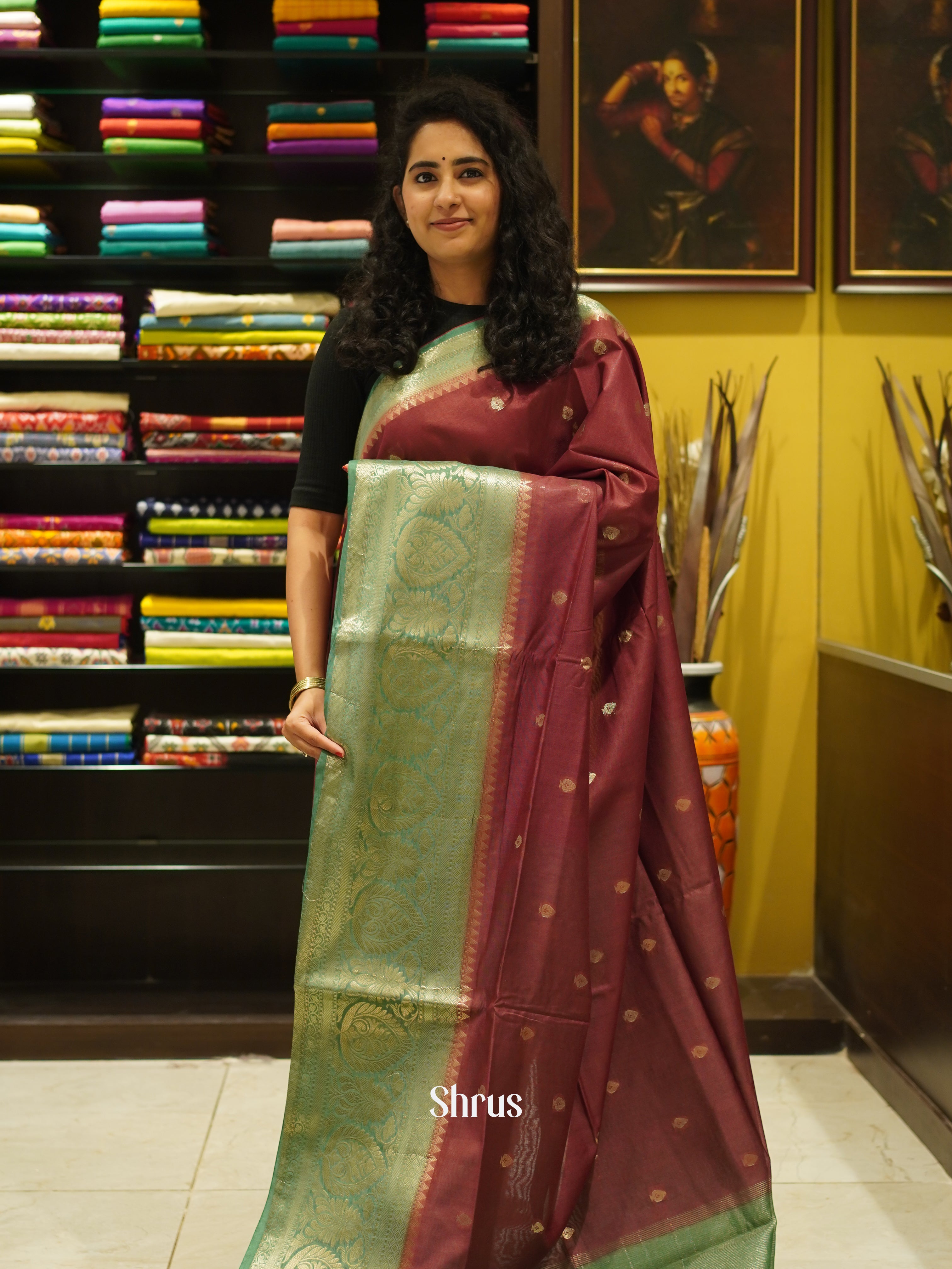 Brown & Green -Semi Silk Cotton saree - Shop on ShrusEternity.com