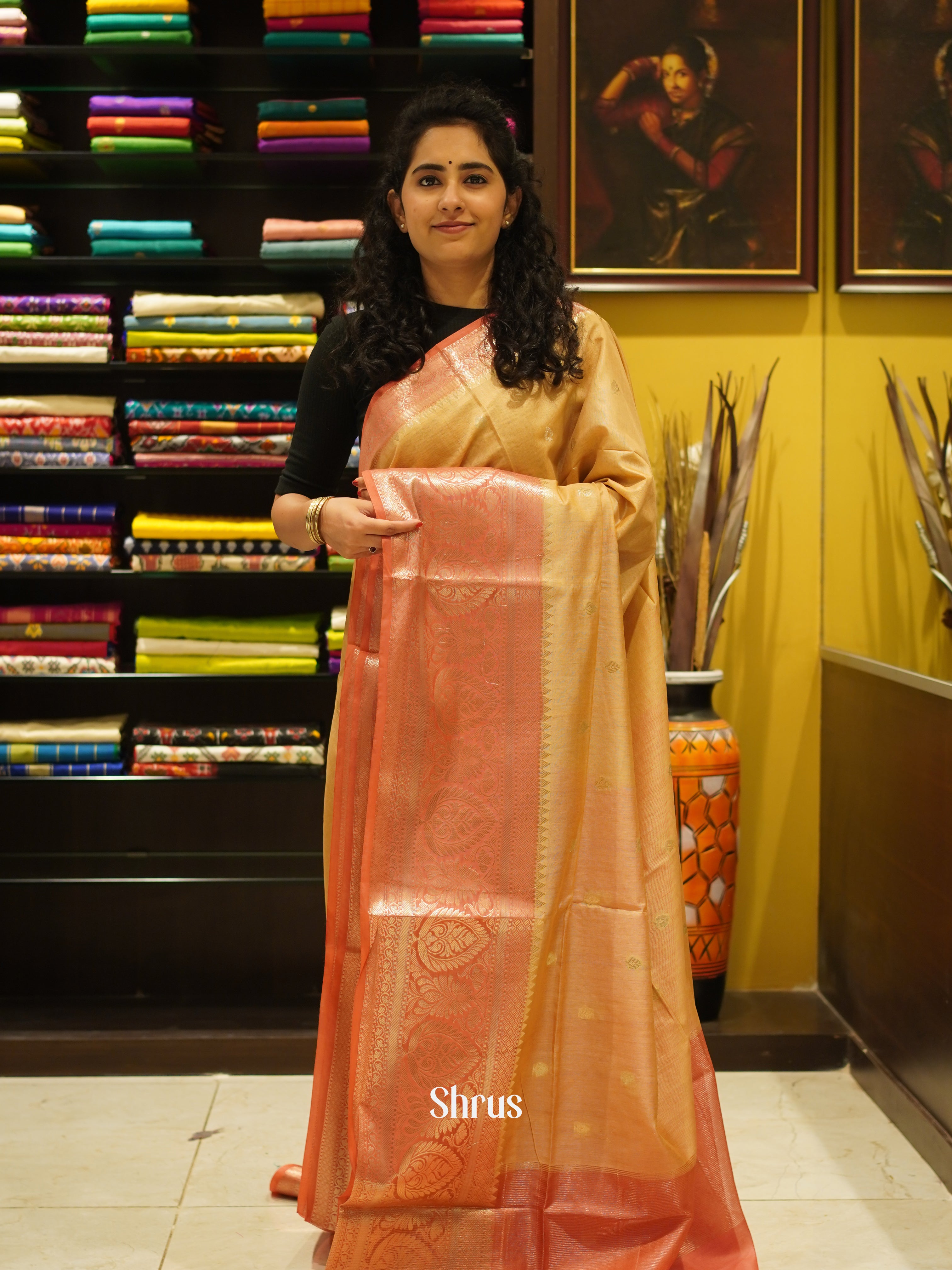 Beige & Red - Semi Silk Cotton Saree - Shop on ShrusEternity.com