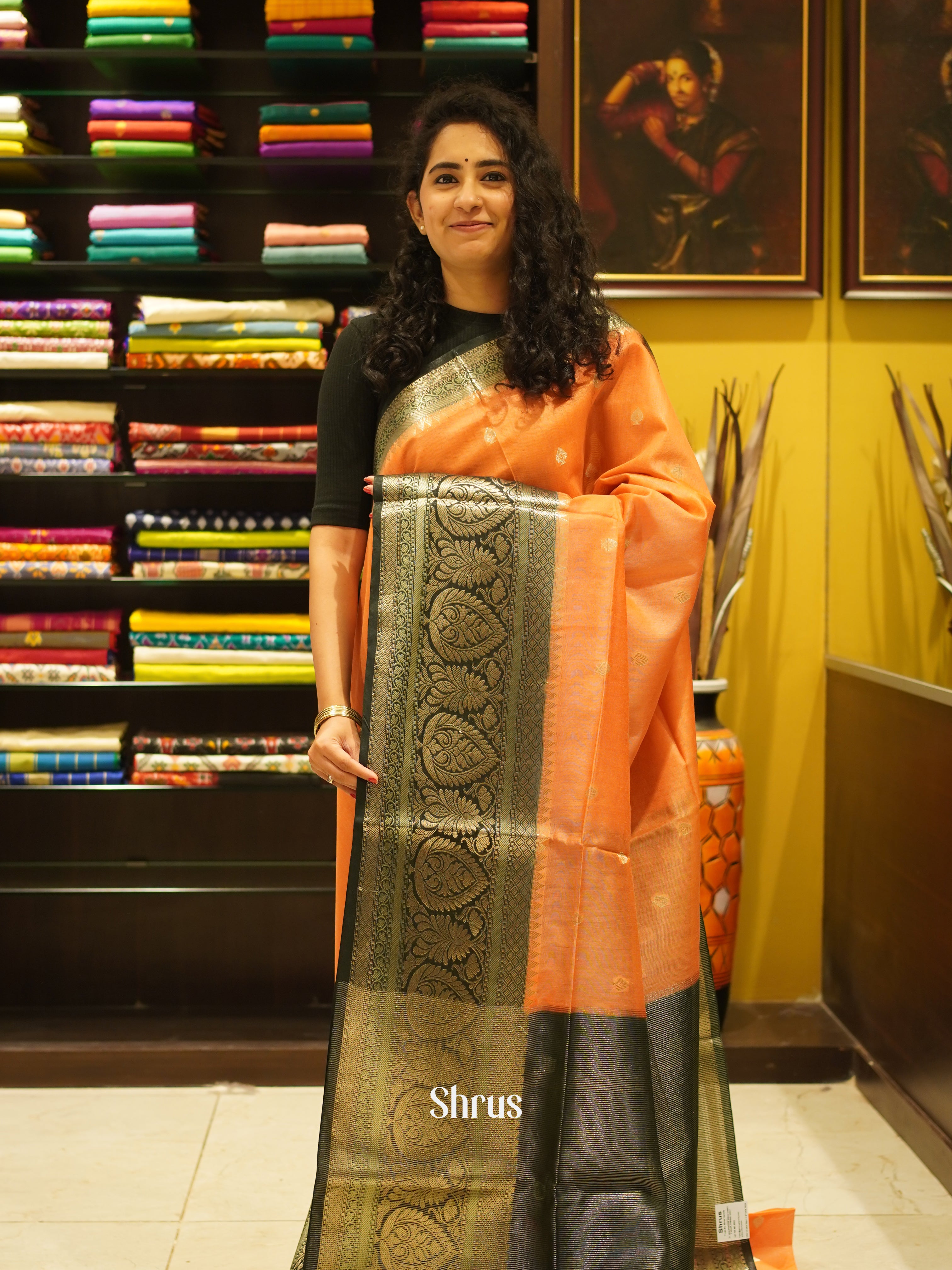 Peach & Green - Semi Silk Cotton saree - Shop on ShrusEternity.com