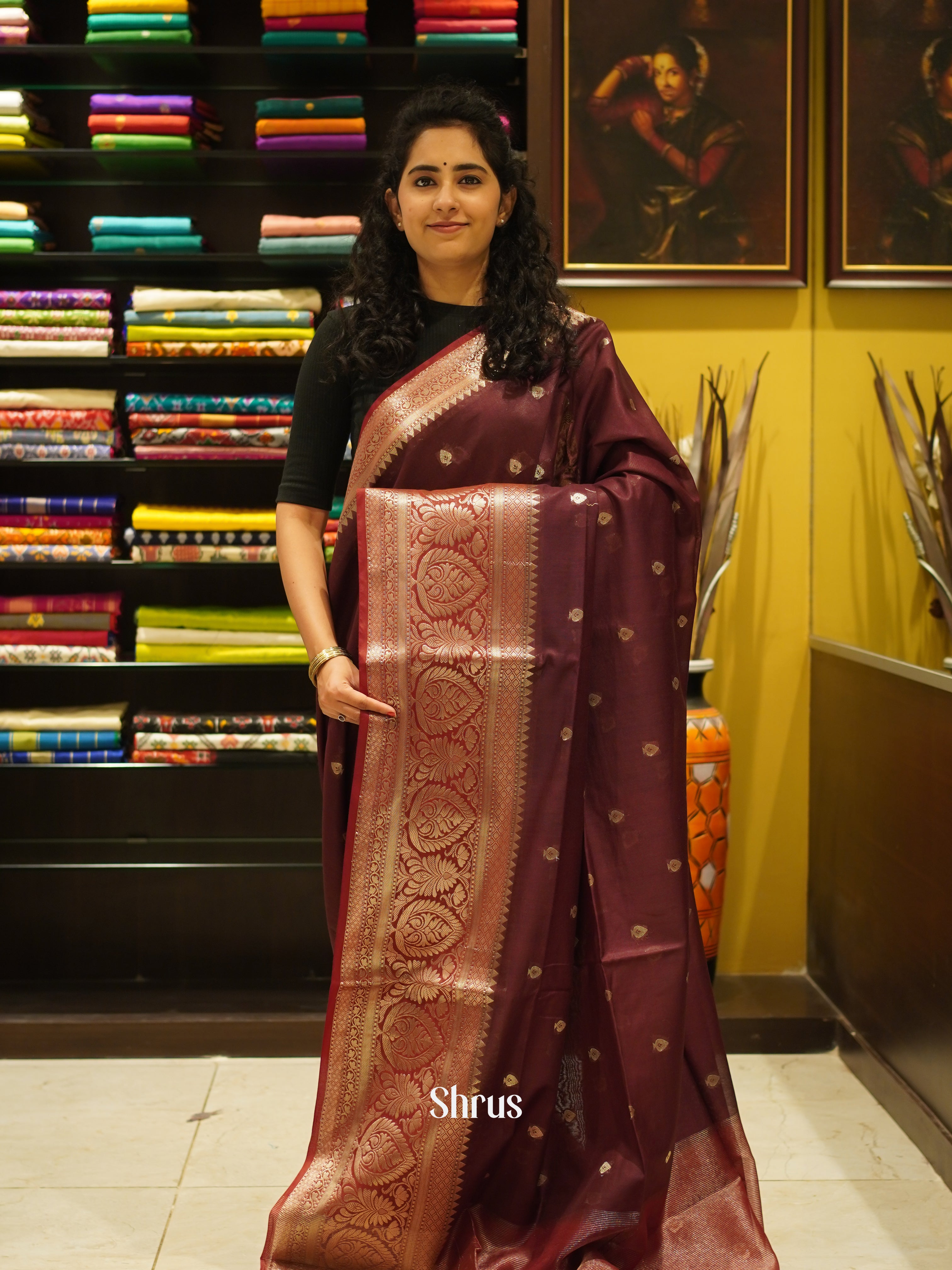 Brown & Maroon - Semi Silk Cotton Saree - Shop on ShrusEternity.com