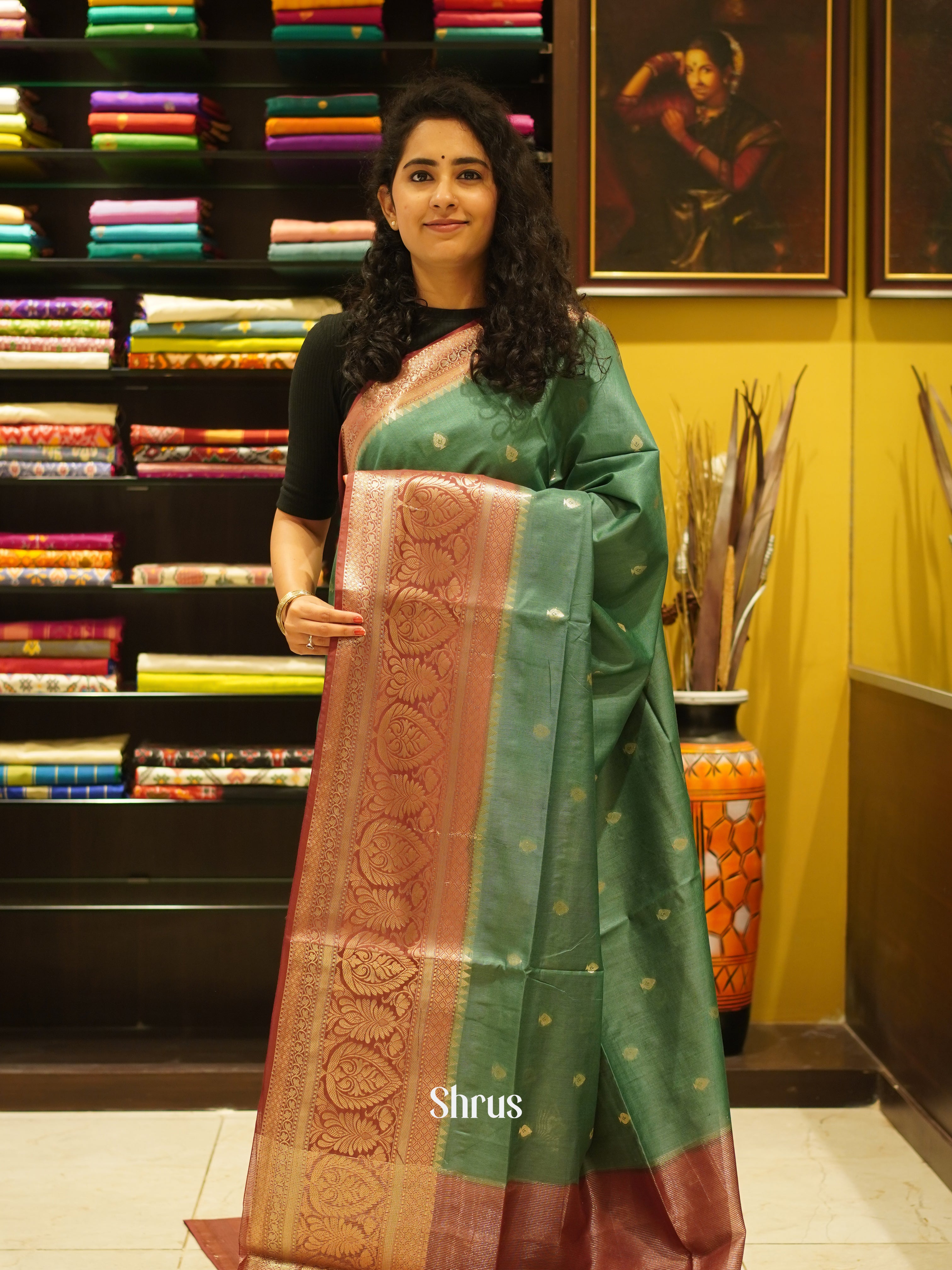 Green & Maroon - Semi Silk Cotton saree - Shop on ShrusEternity.com