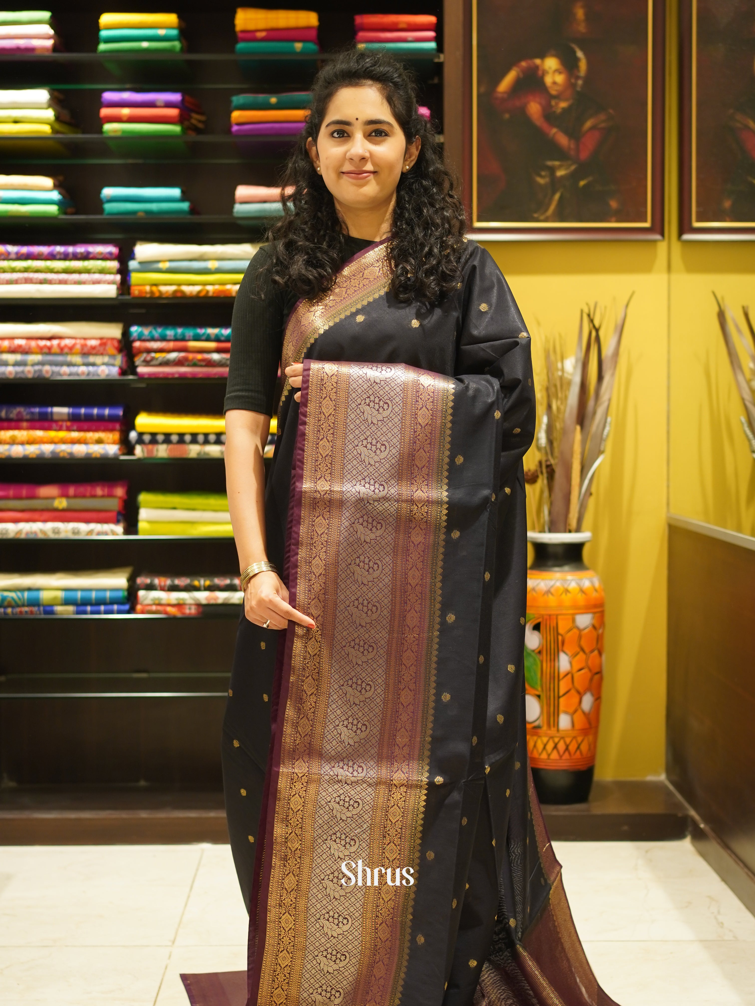 Black & Maroon - Semi Silk Cotton Saree - Shop on ShrusEternity.com