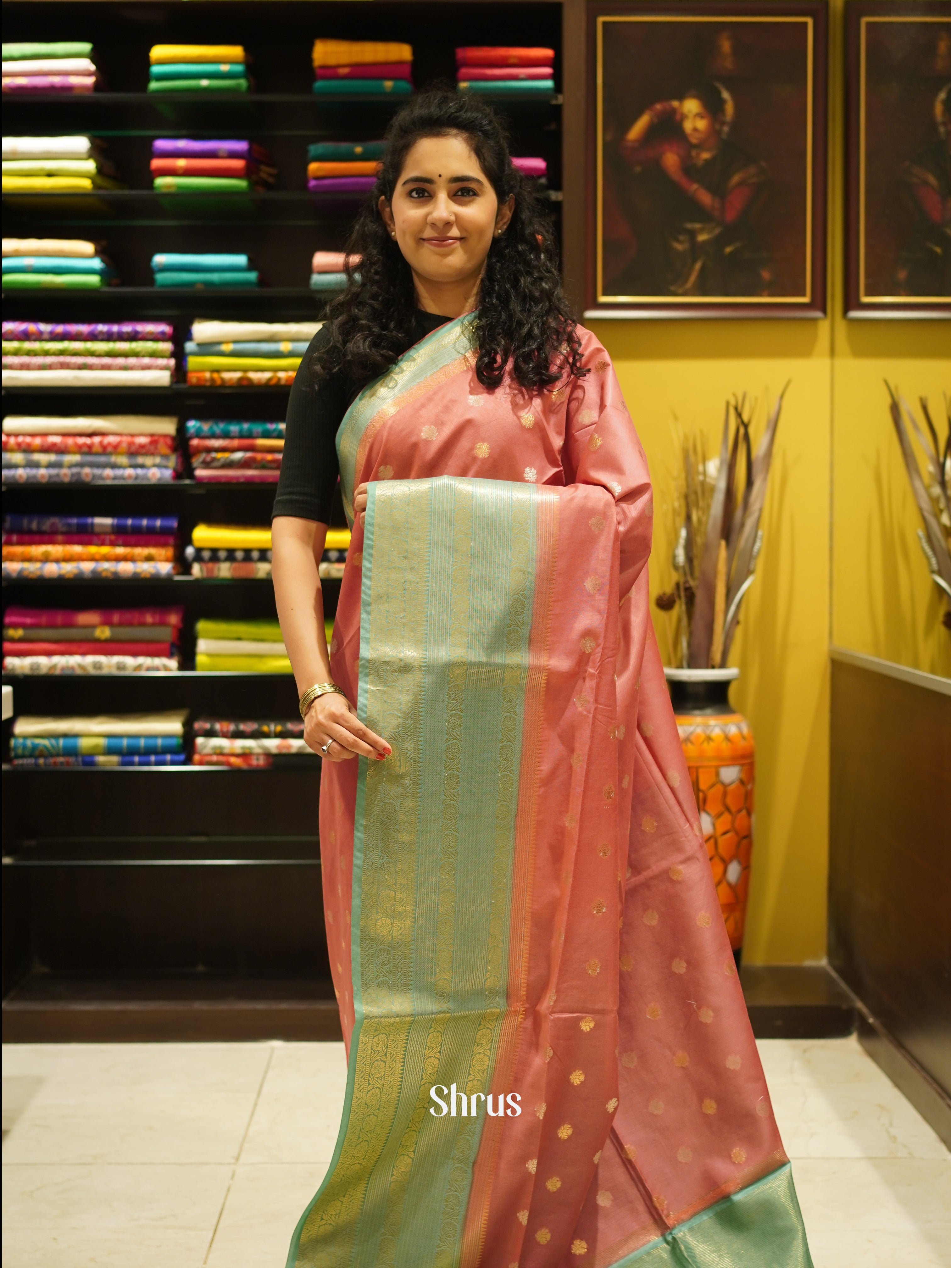 Peachish Pink & Green - Semi Silk Cotton Saree - Shop on ShrusEternity.com