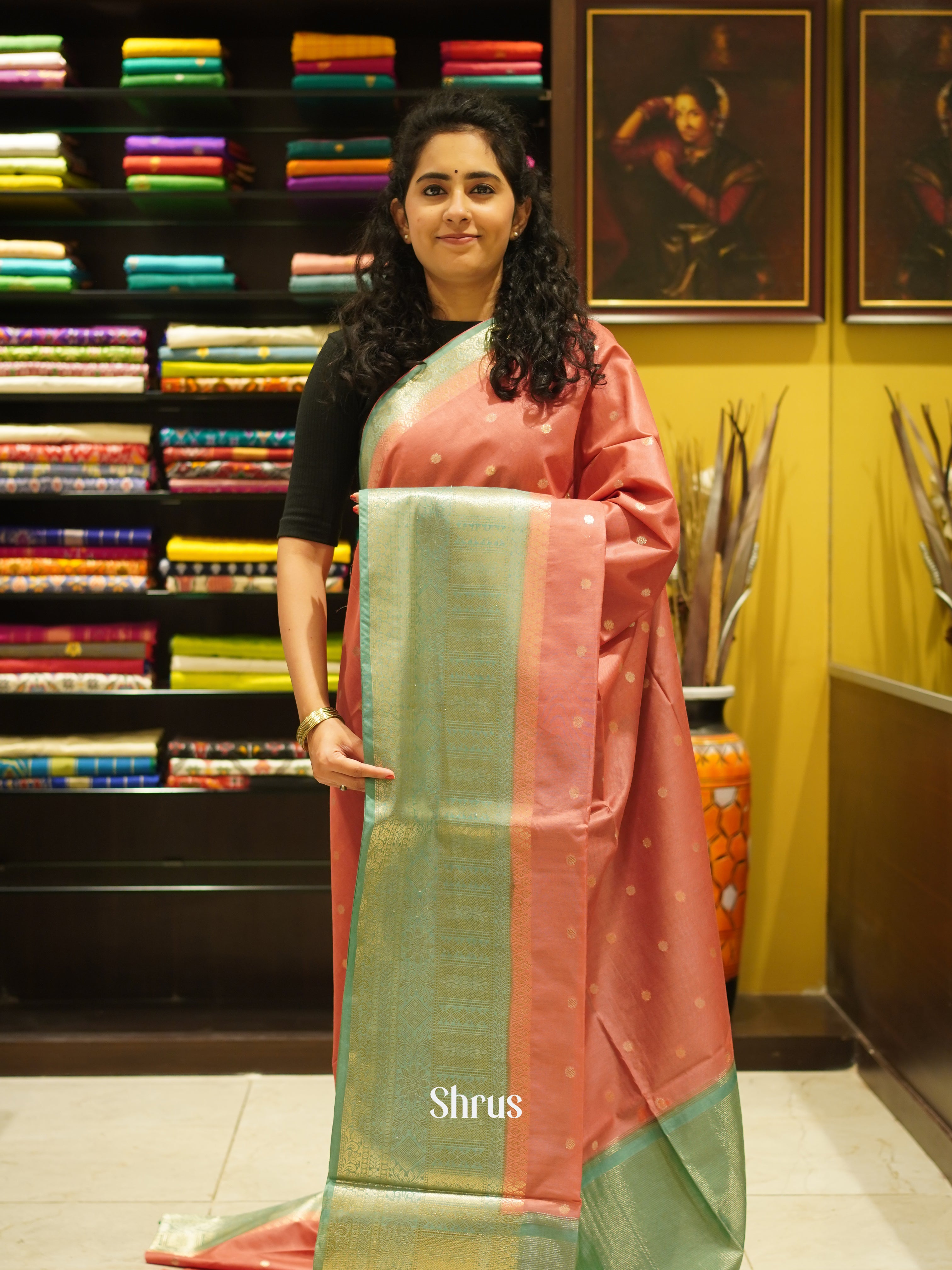 Peachish Pink & Green - Semi Silk Cotton Saree - Shop on ShrusEternity.com