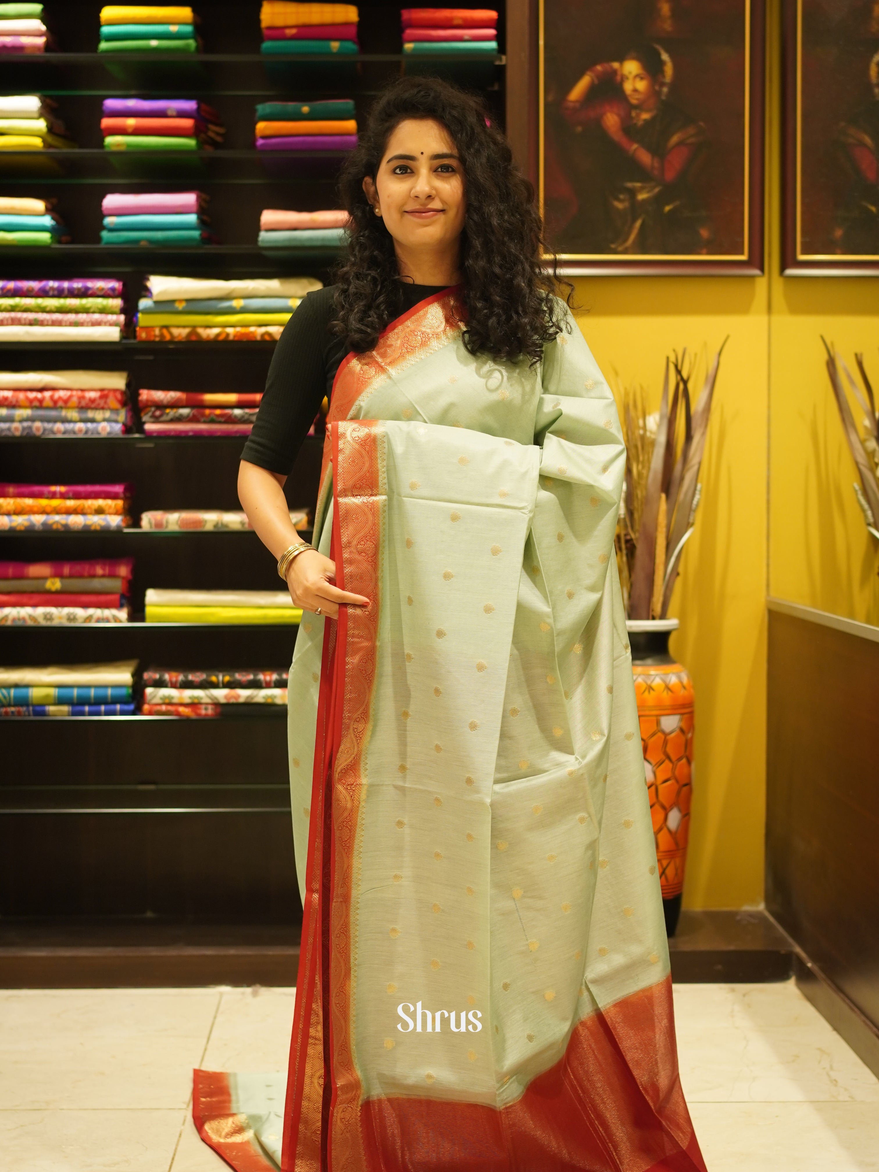 Elachi Green & Red - Semi Silk Cotton saree - Shop on ShrusEternity.com