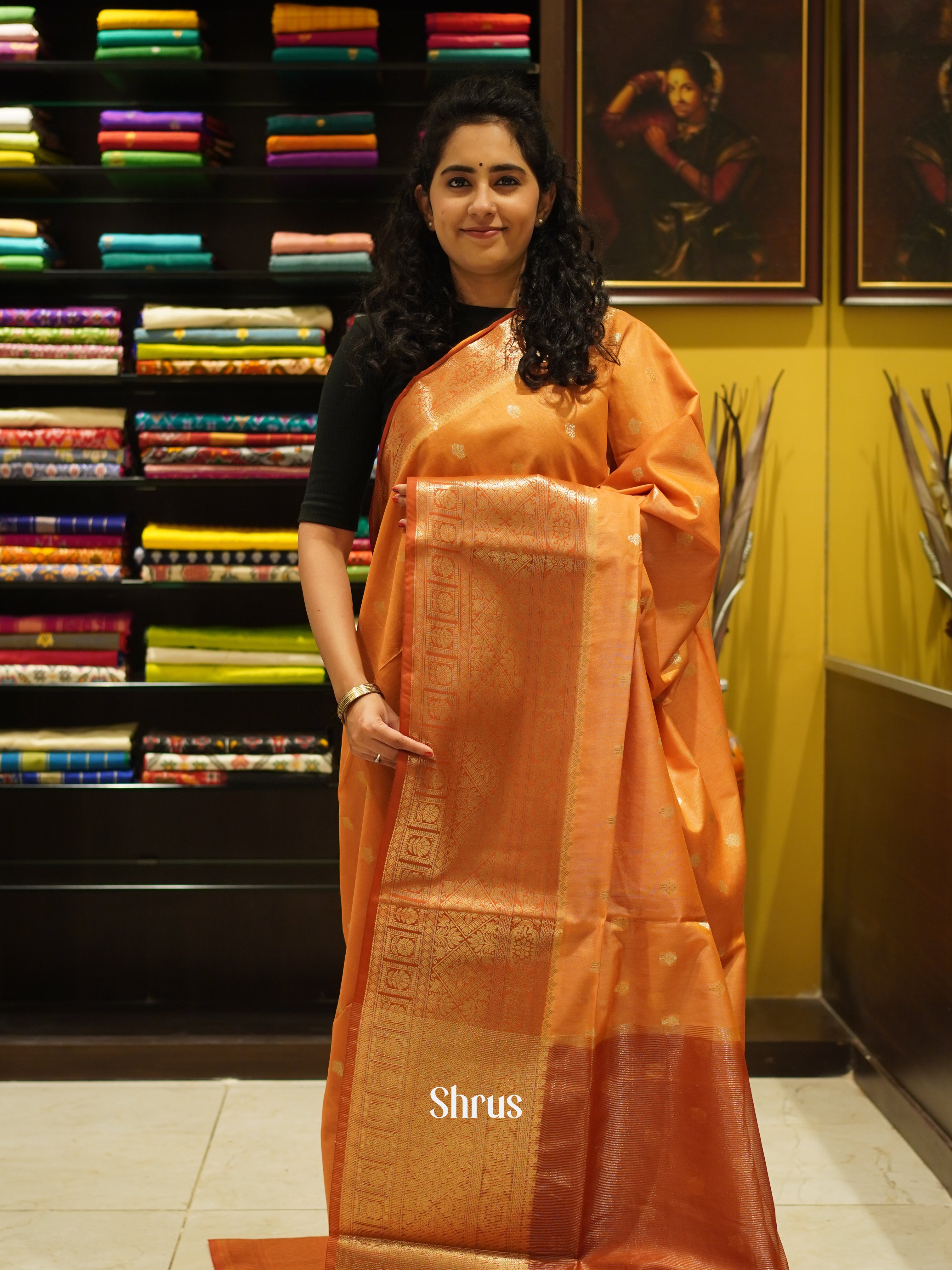 Pale Orange & Brick - Semi Silk Cotton saree - Shop on ShrusEternity.com