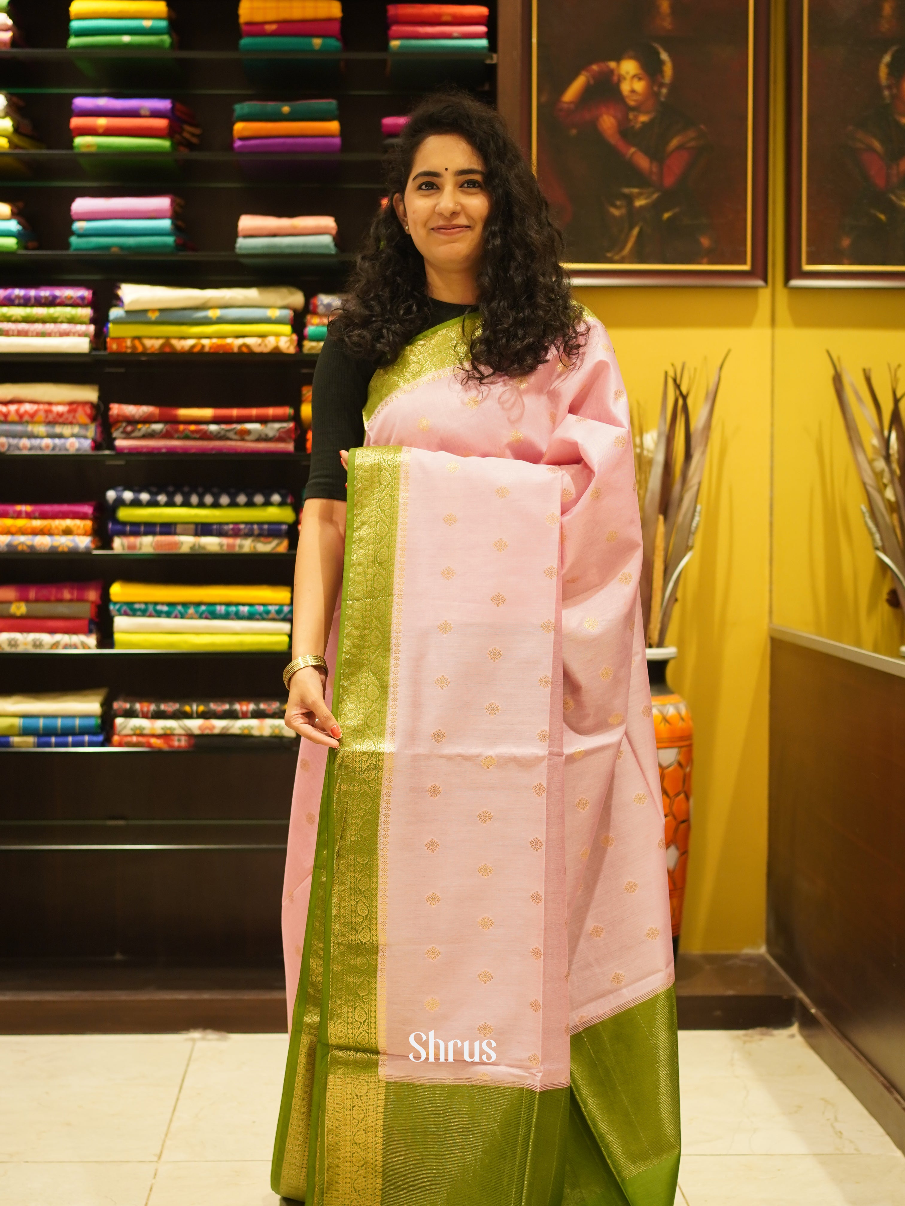 Baby Pink & Green - Semi Silk Cotton Saree - Shop on ShrusEternity.com