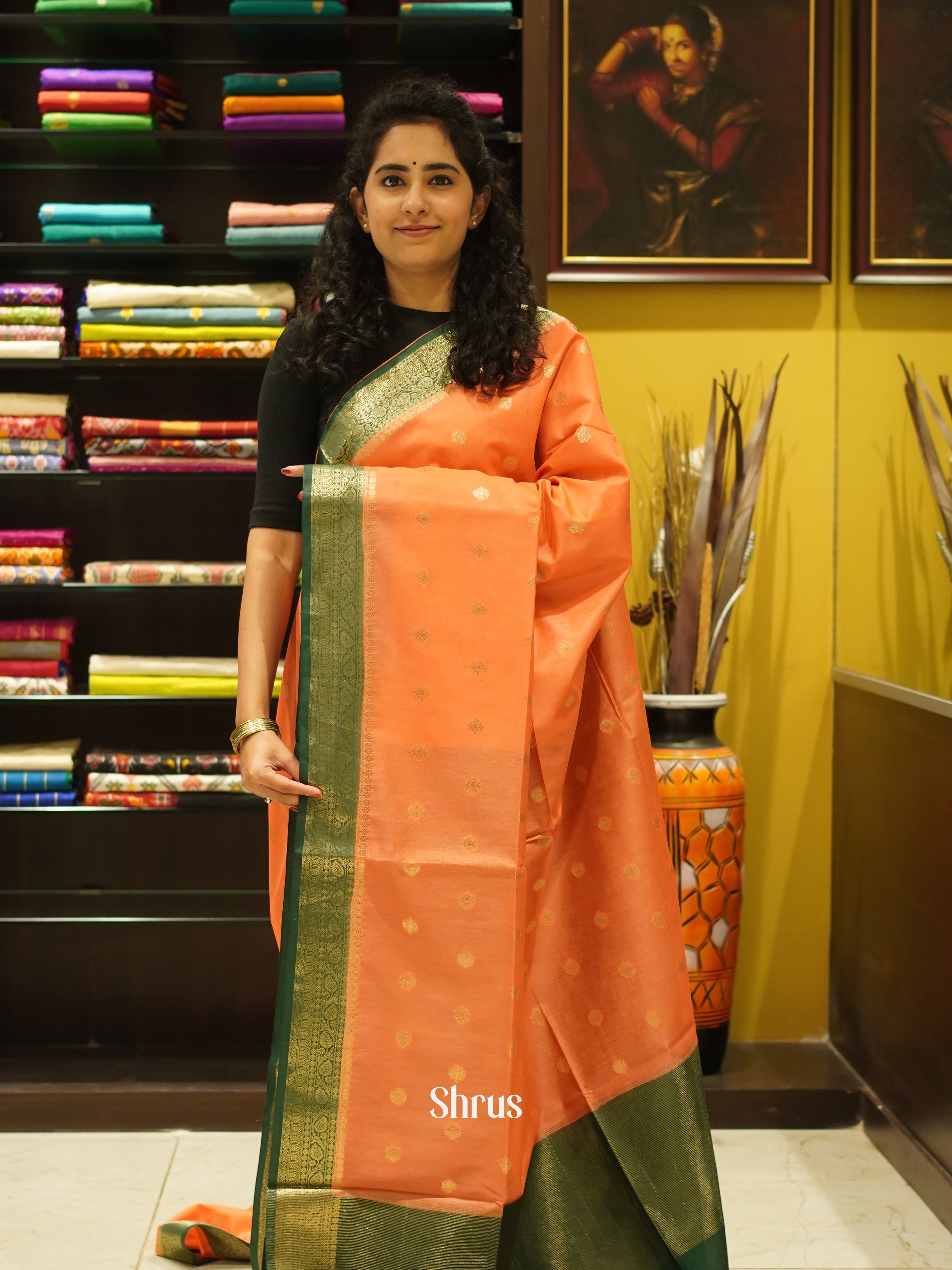 Brick & Green - Semi SilK Cotton Saree - Shop on ShrusEternity.com