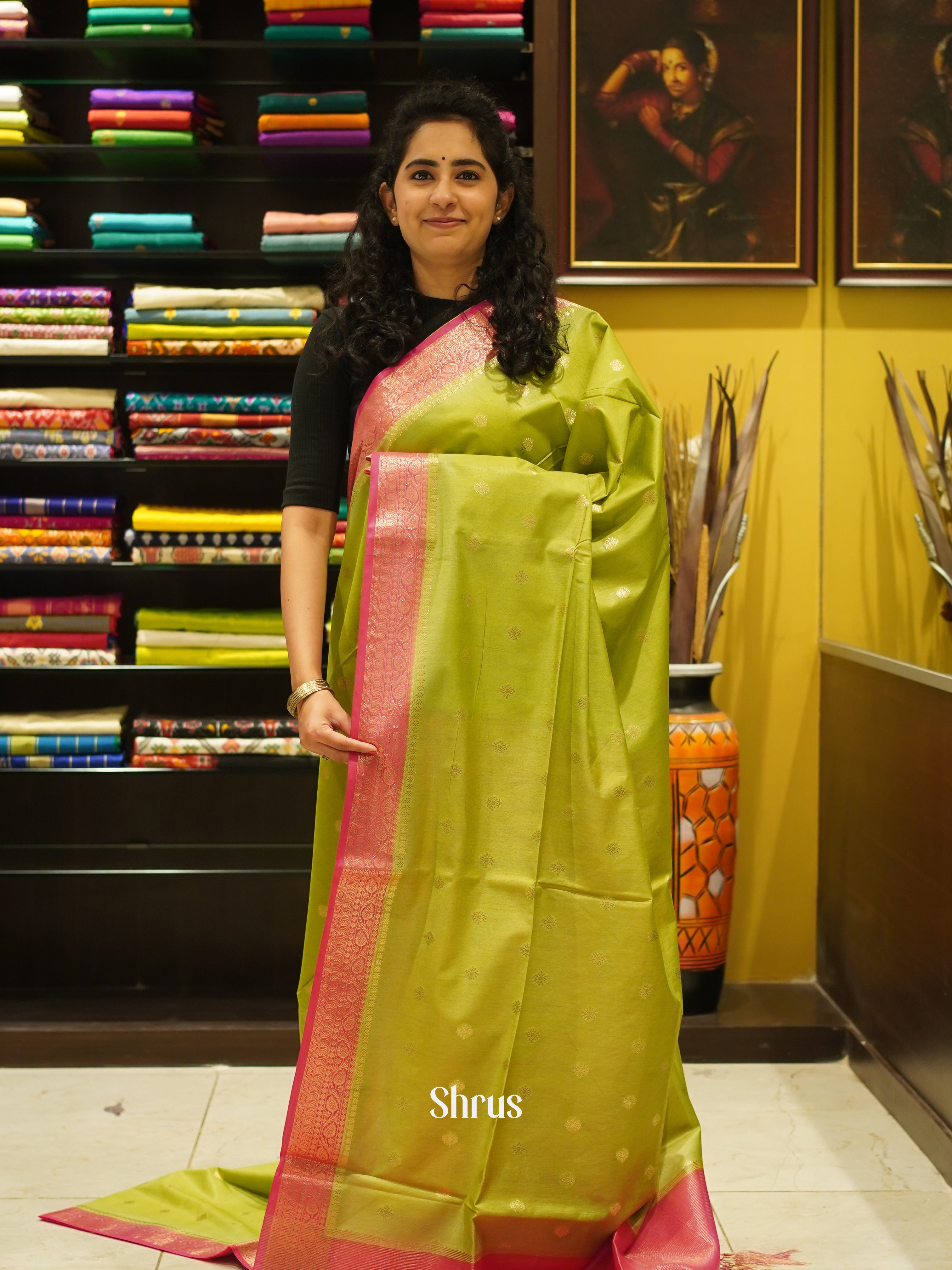 Green & Pink-Semi Silk Cotton Saree - Shop on ShrusEternity.com