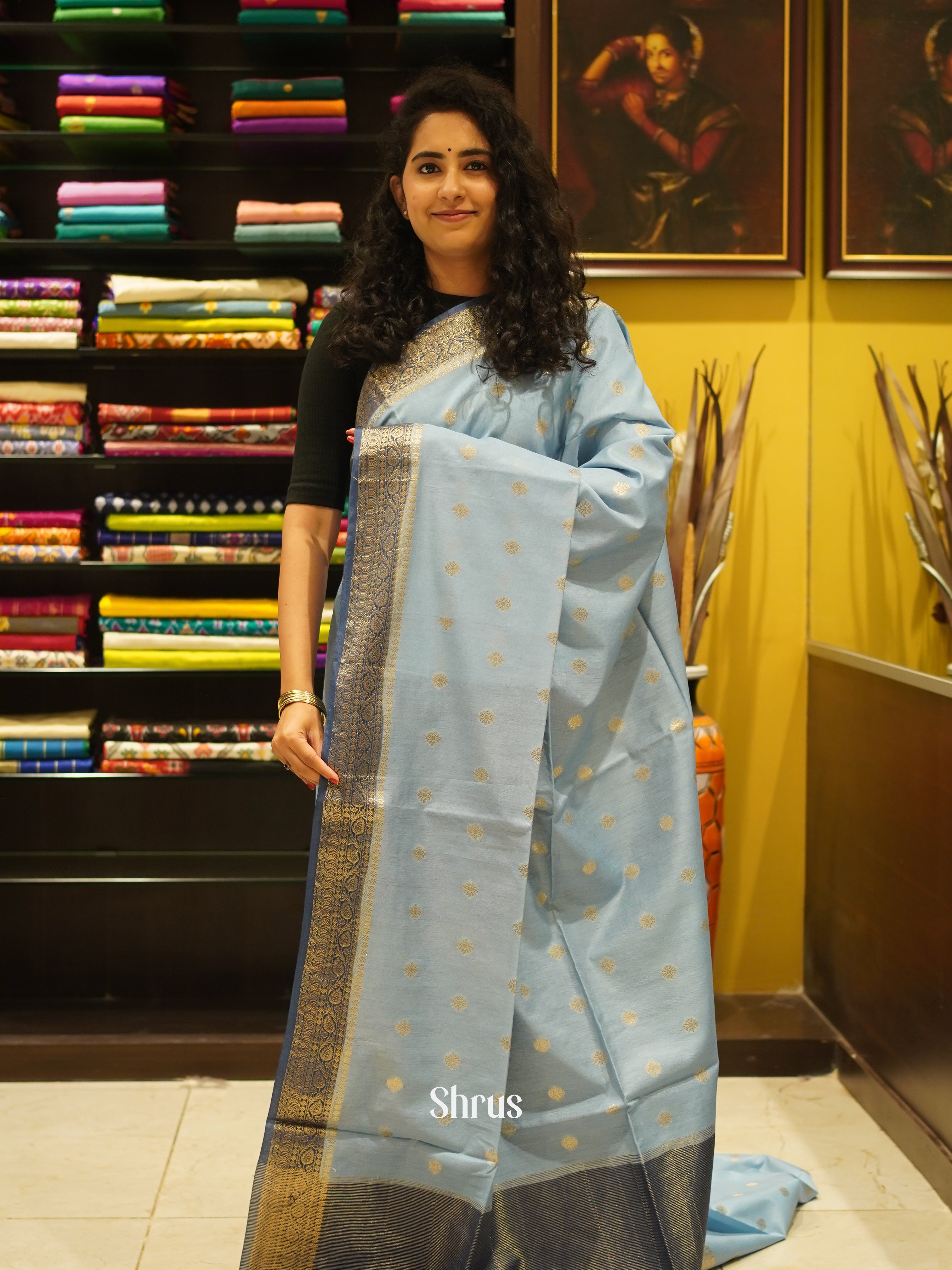 Light Grey & Grey - Semi Silk Cotton Saree - Shop on ShrusEternity.com