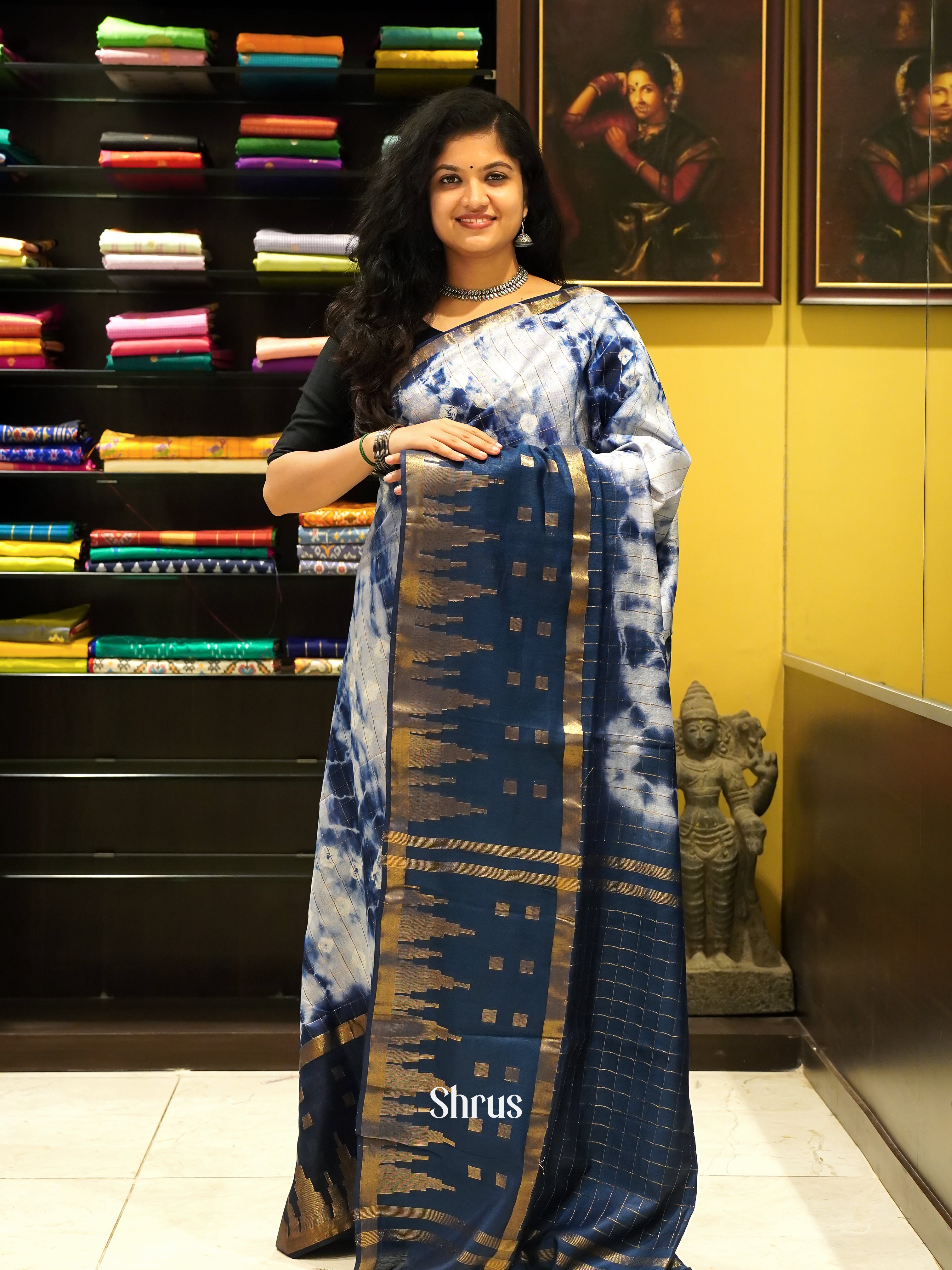 Cream & Blue - Shibori Saree