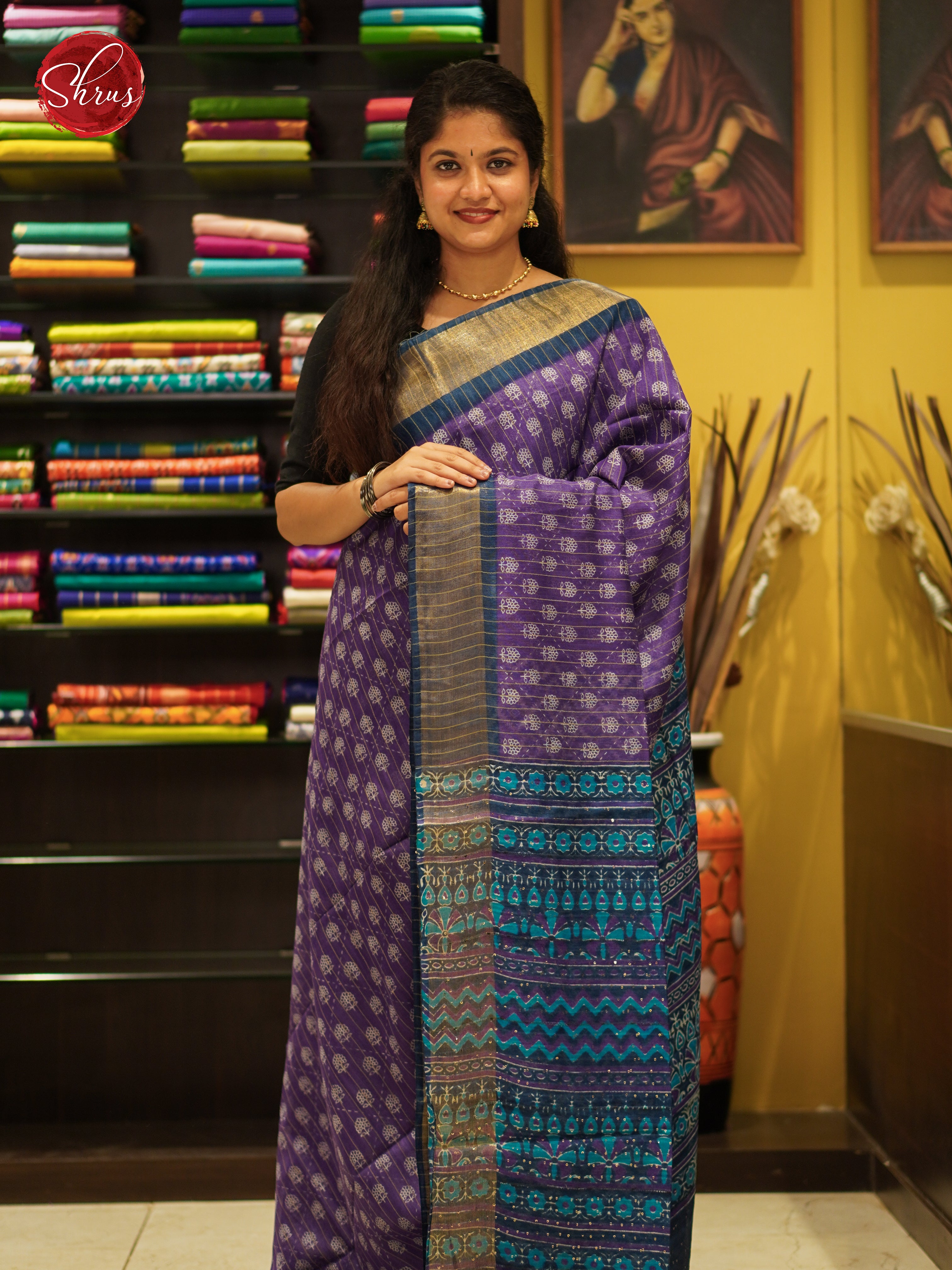 Purple & Blue - Semi Gicha Saree - Shop on ShrusEternity.com