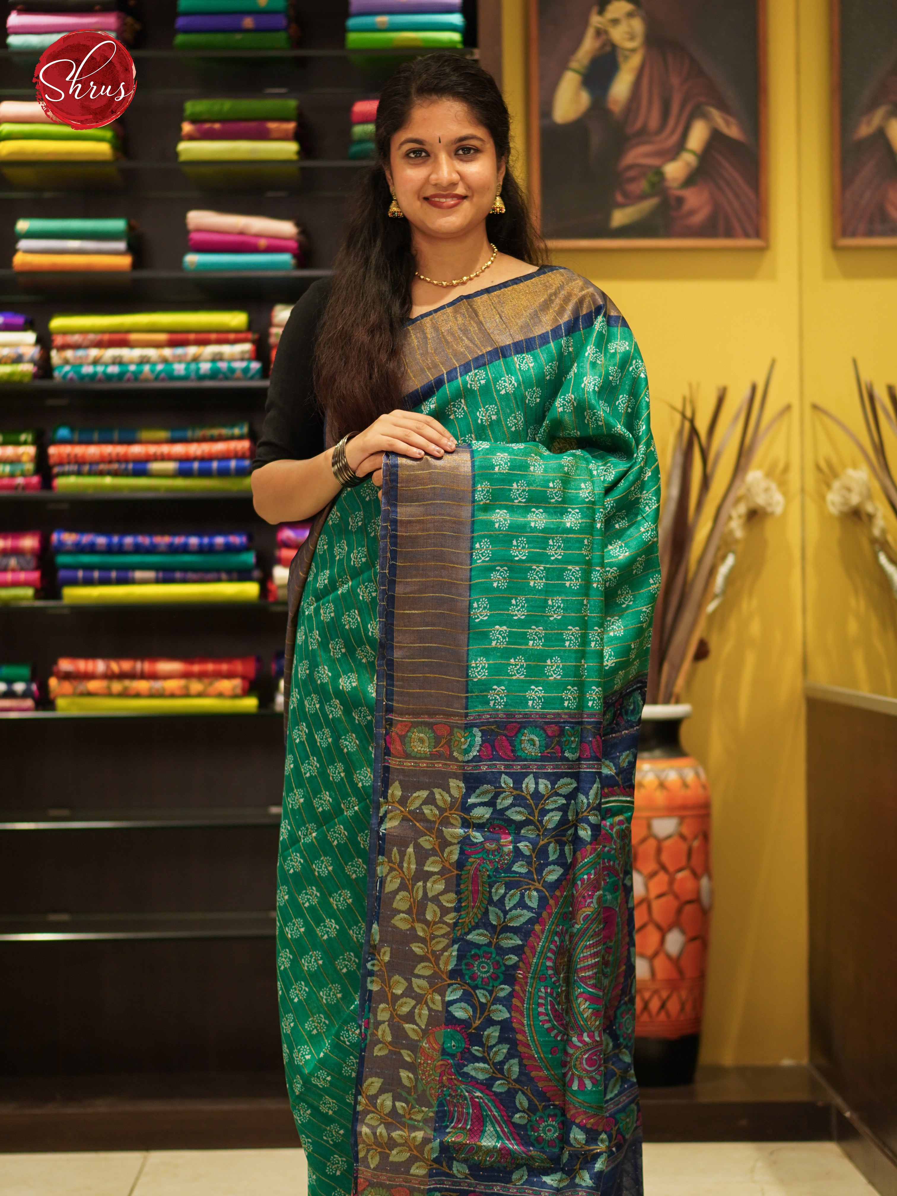 Green  & Blue - Semi Gicha Saree - Shop on ShrusEternity.com