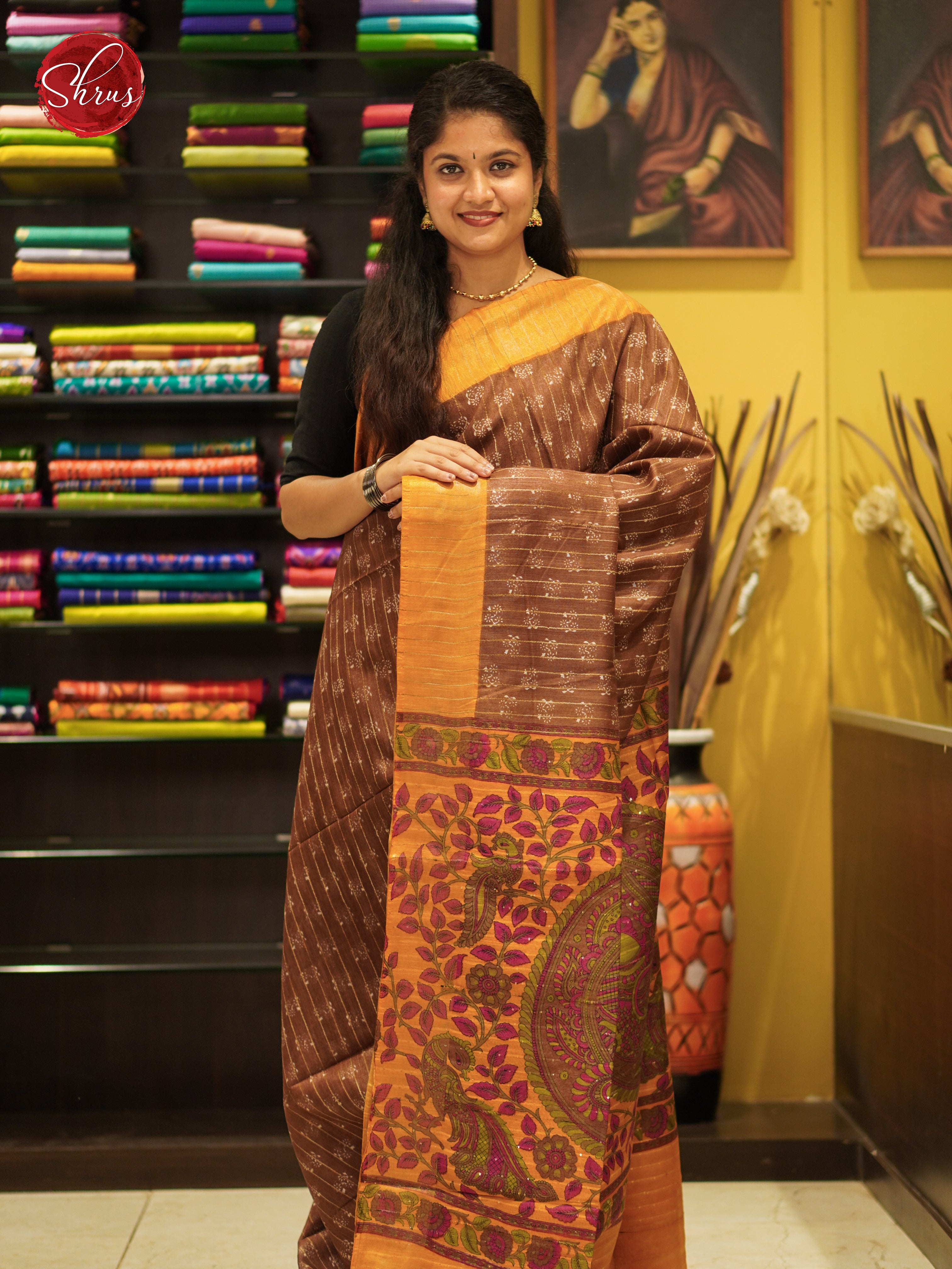 Brown & Mustard - Semi Gicha Saree - Shop on ShrusEternity.com