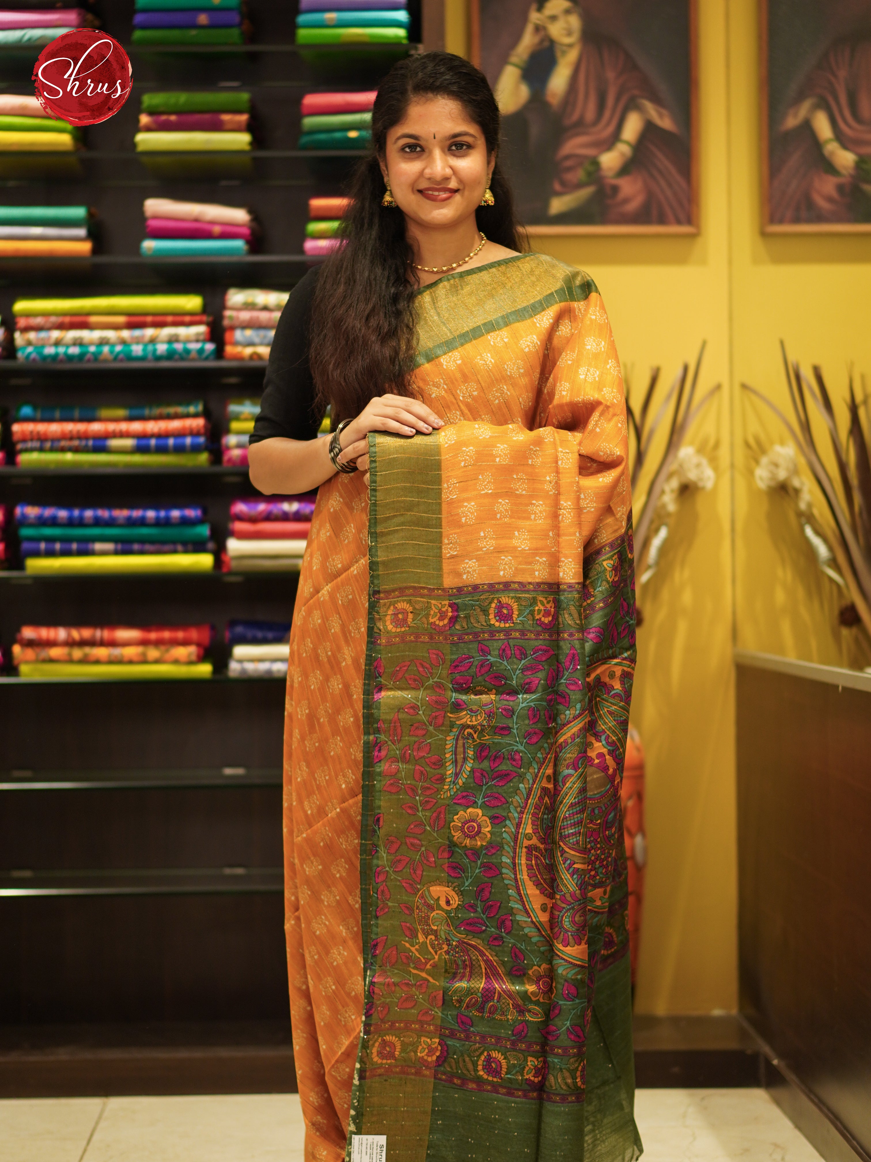 Yellow & Green - Semi Gicha Saree - Shop on ShrusEternity.com