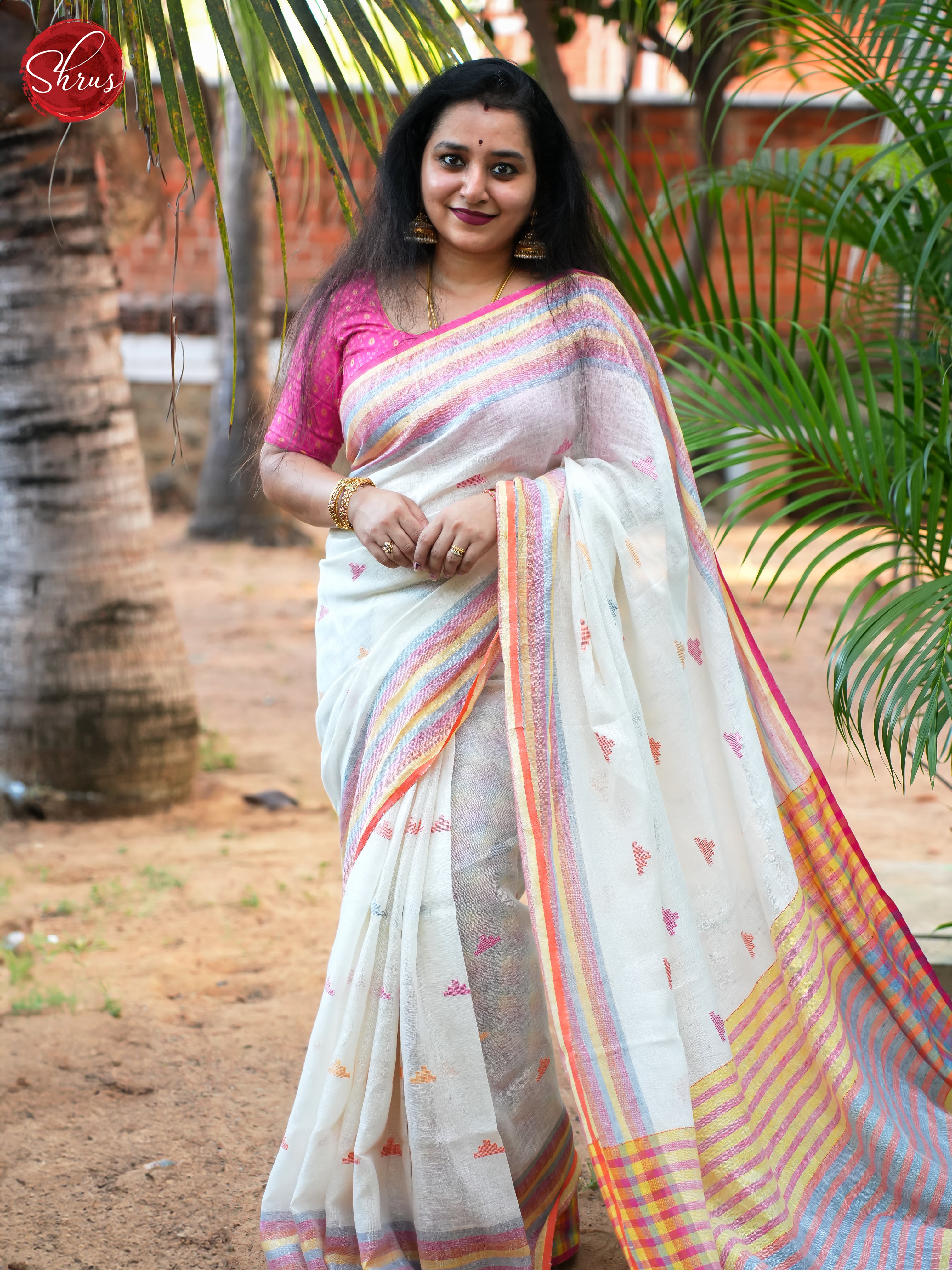 Cream & Pink - Linen Saree - Shop on ShrusEternity.com