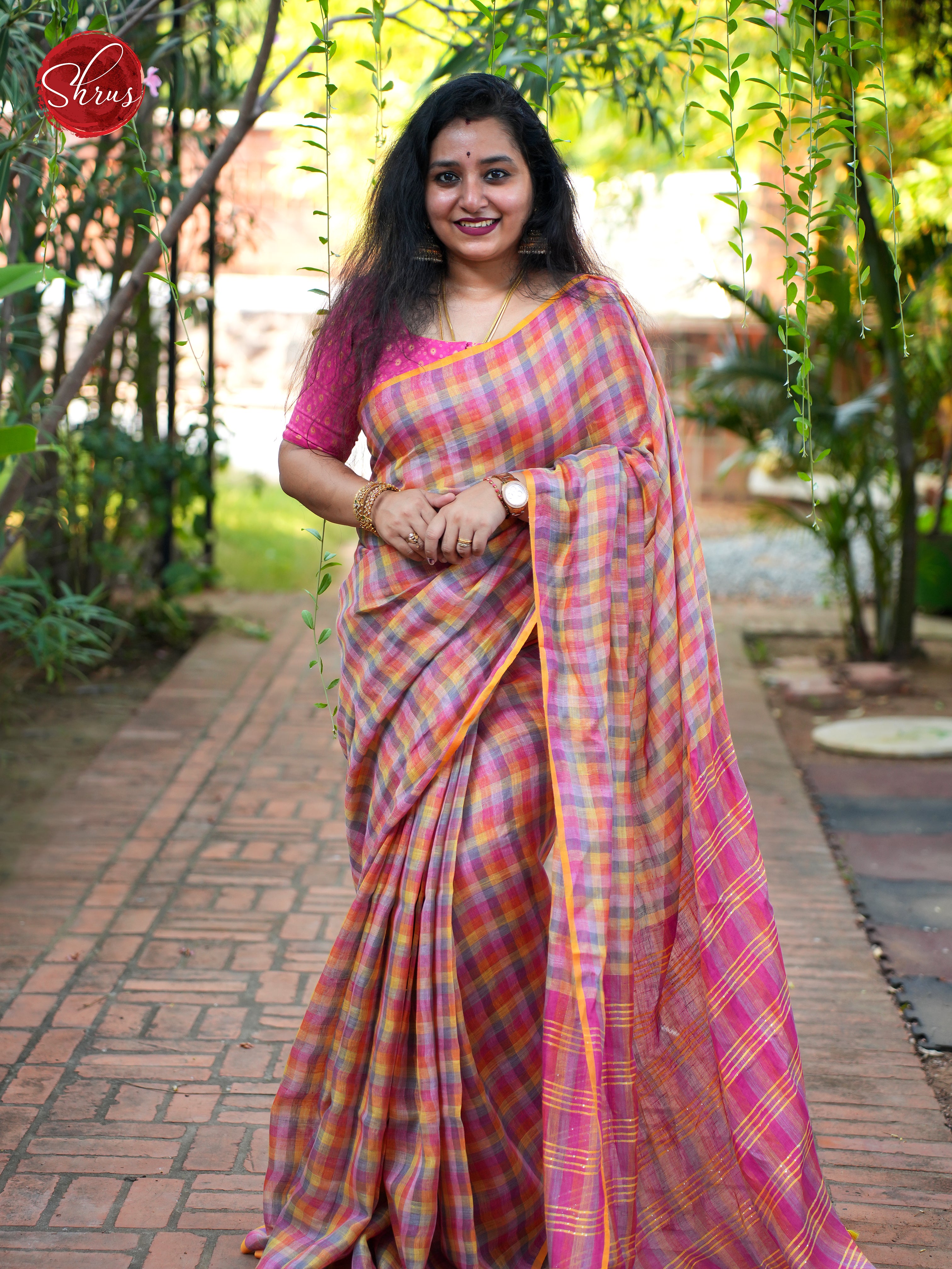 Pink Dominant Multicoloured Checks - Linen Saree - Shop on ShrusEternity.com