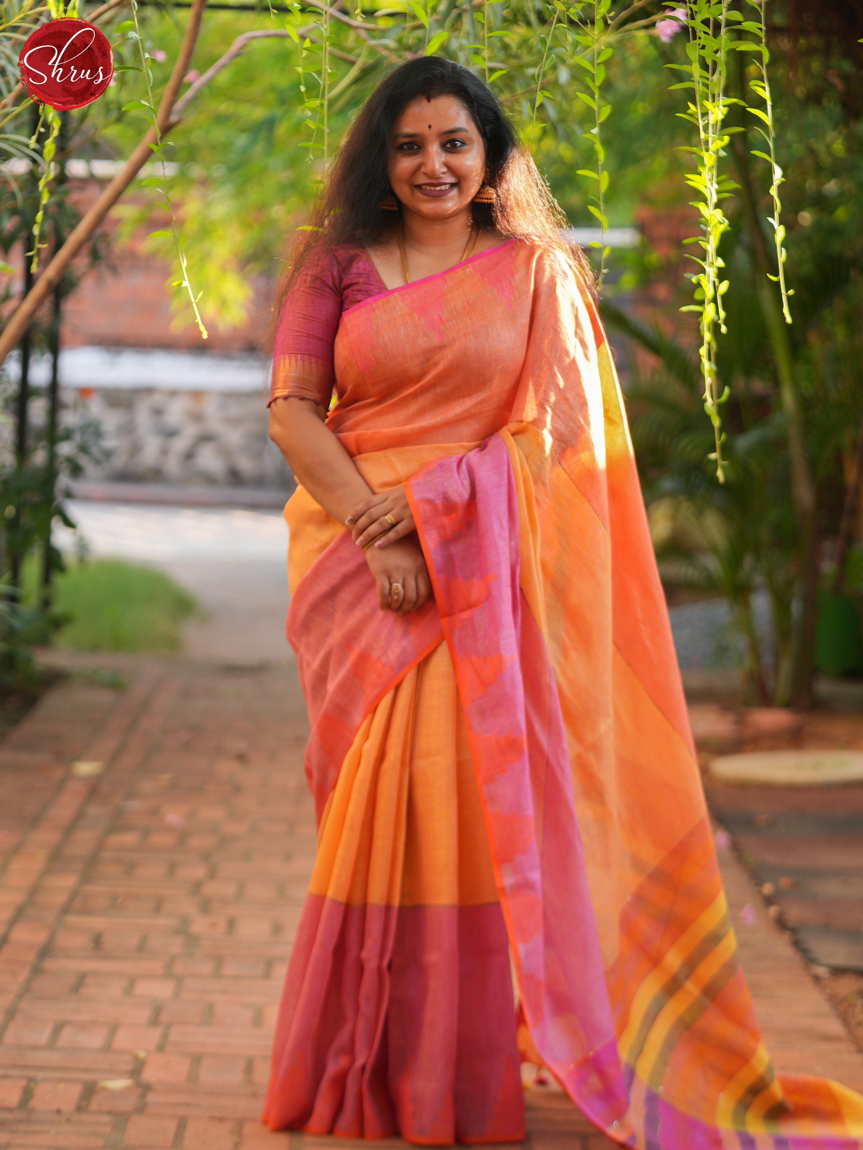 Orange & Pink - Linen Saree - Shop on ShrusEternity.com