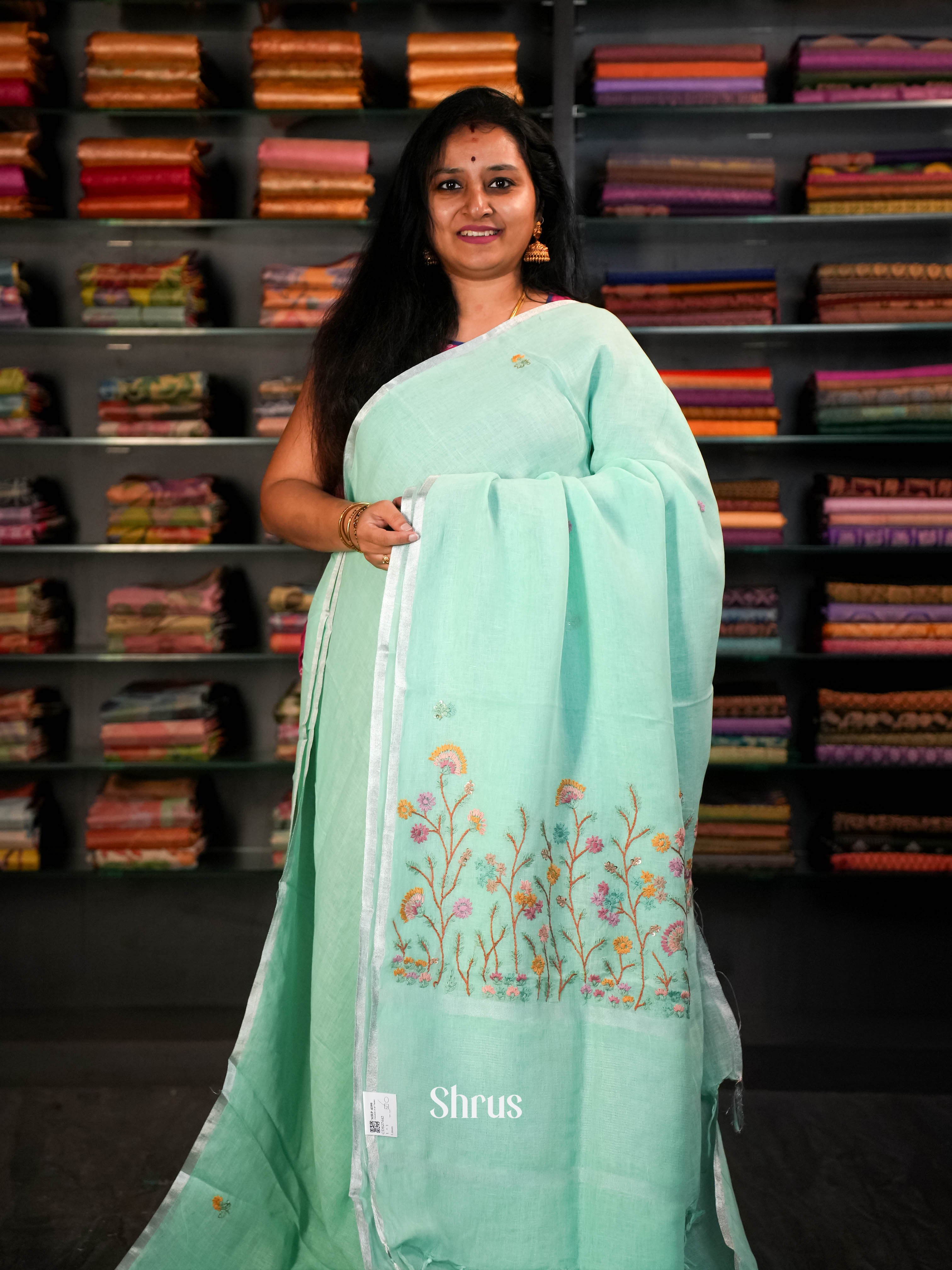 Aqua  Blue  - Linen Saree Saree