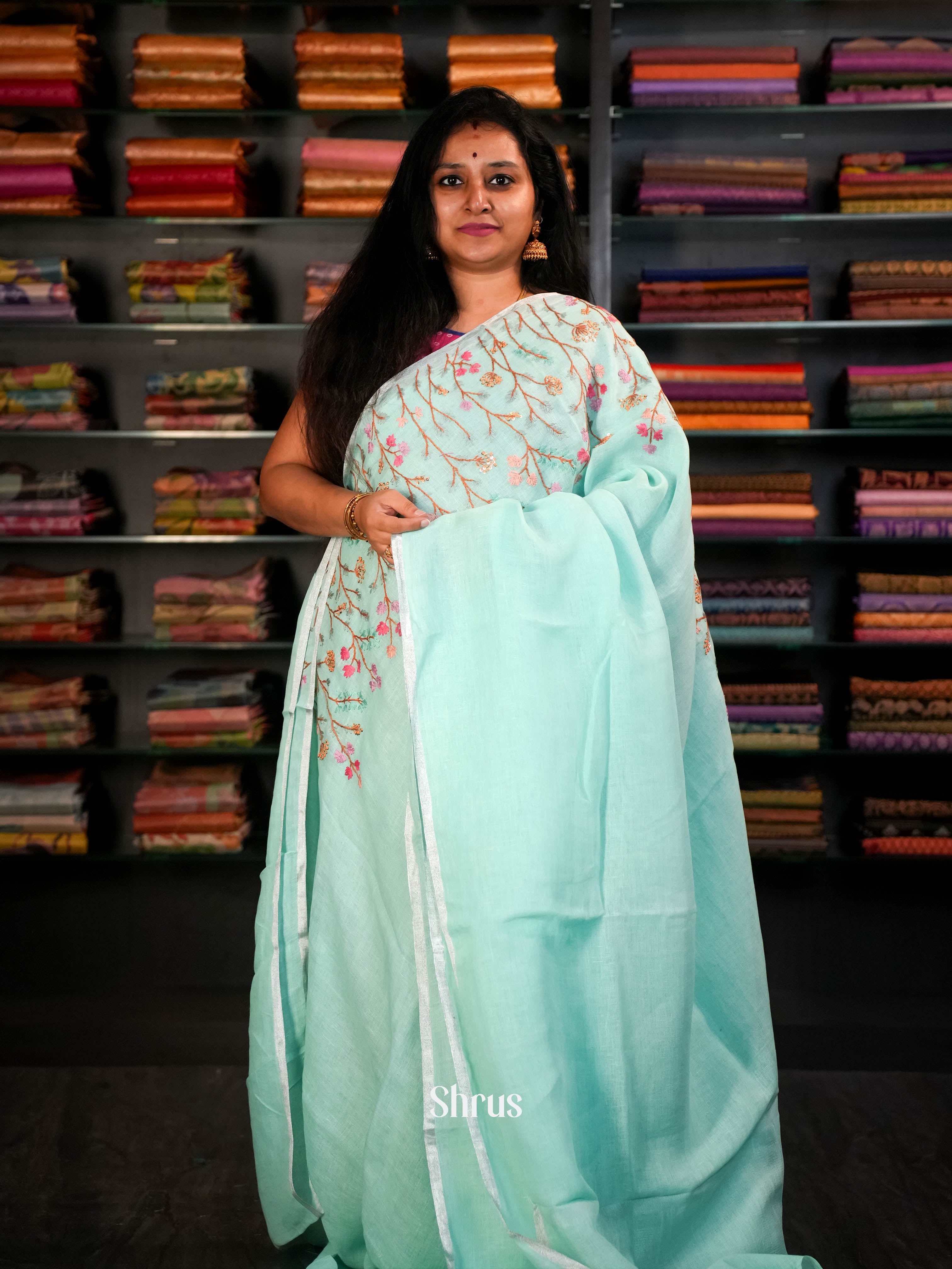 Aqua Blue - Linen Saree Saree