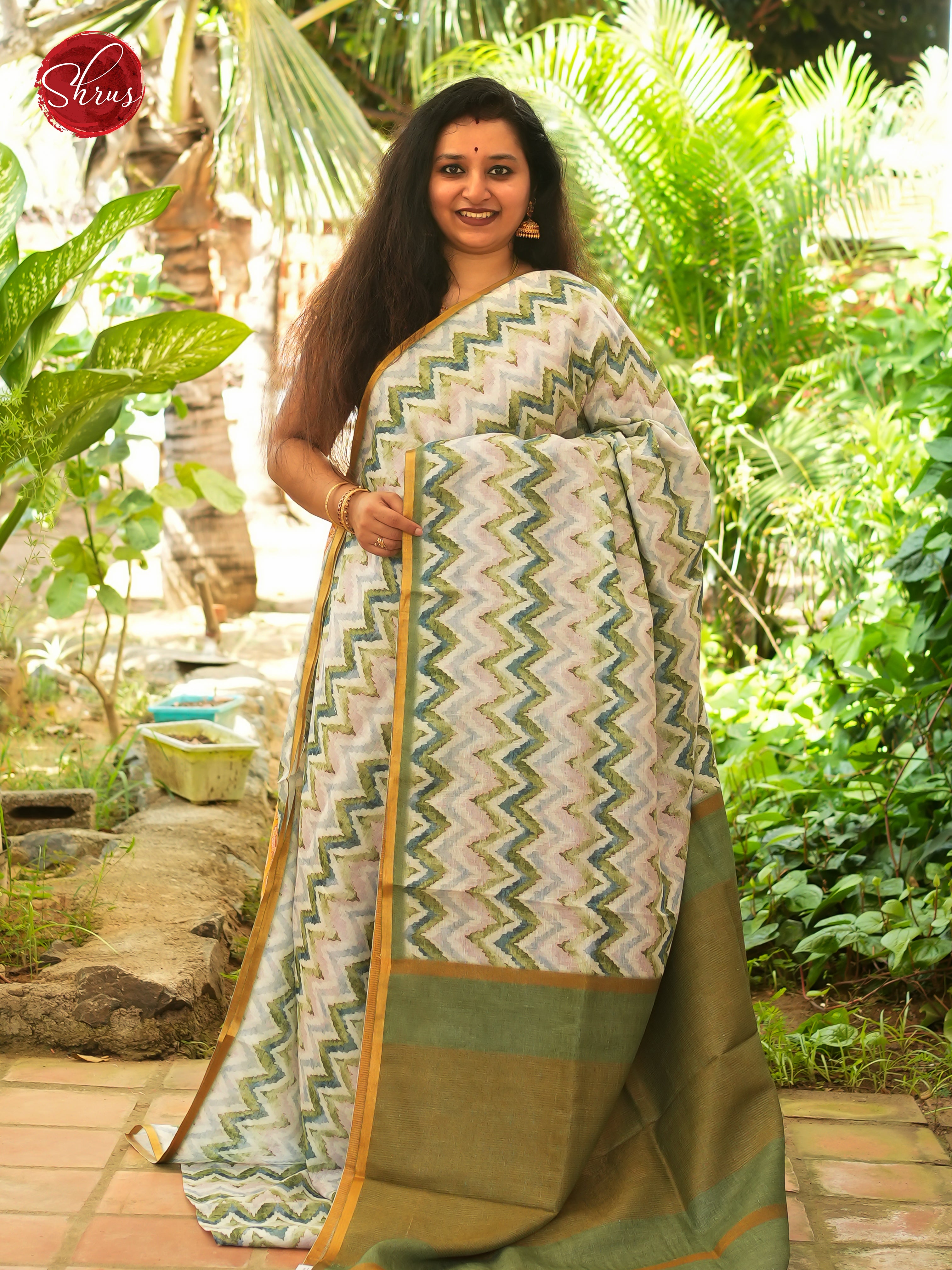 Cream  & Green - Linen Saree Saree
