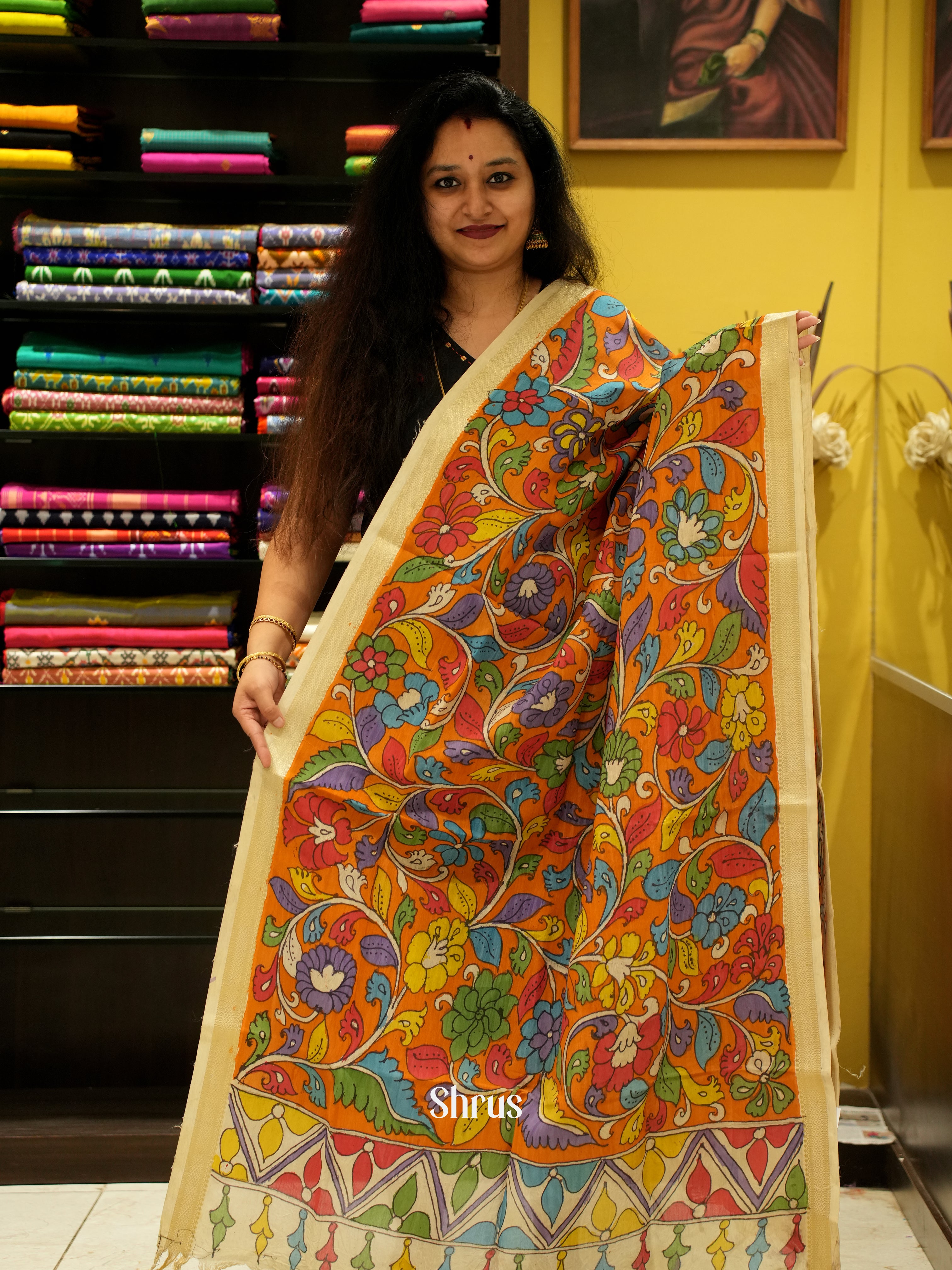 Orange & Cream - Pen kalamkari Dupatta - Shop on ShrusEternity.com