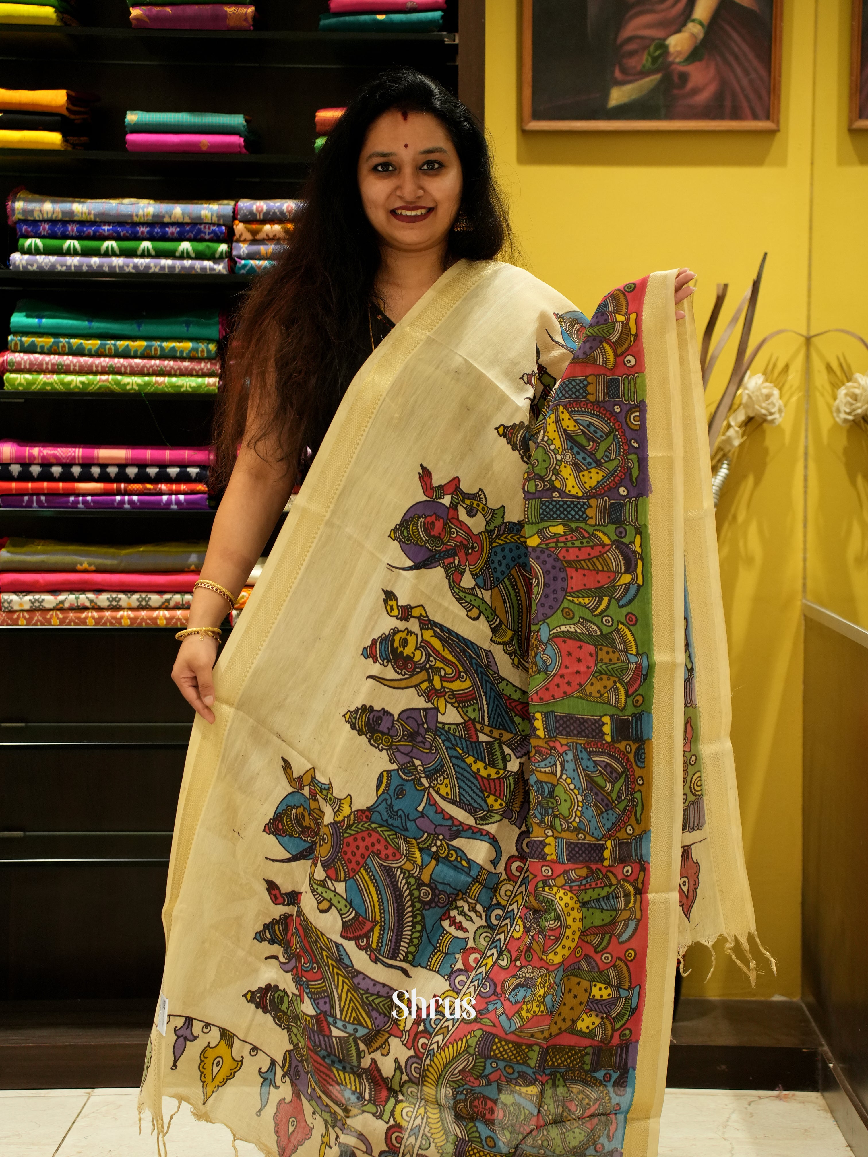 Cream - Pen kalamkari Dupatta - Shop on ShrusEternity.com